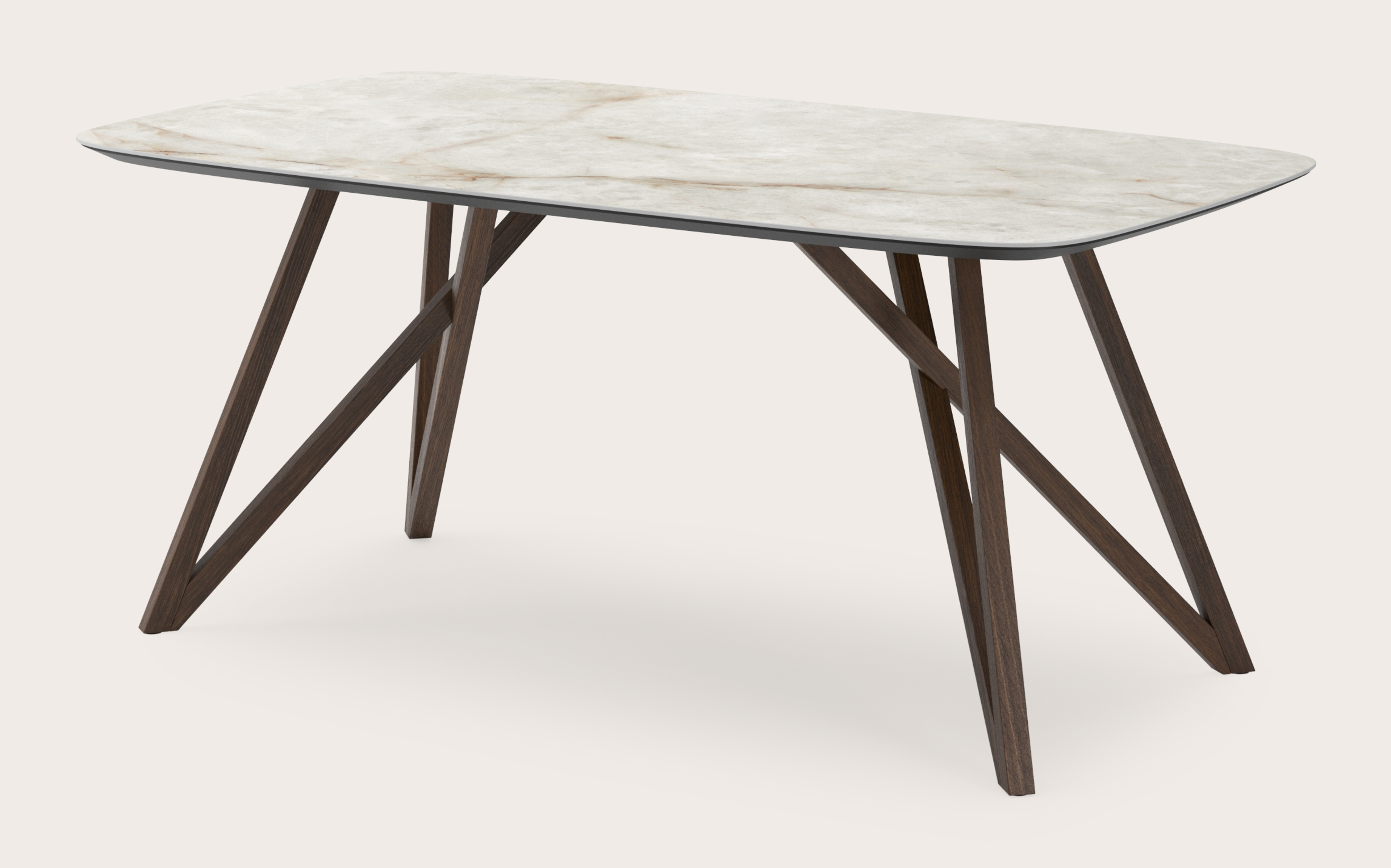 Table de salle à manger Ragno armature en chêne fumé avec plateau Ceramo forme arrondie en céramique en couleur Himalaya 180 x 100 x 77 cm