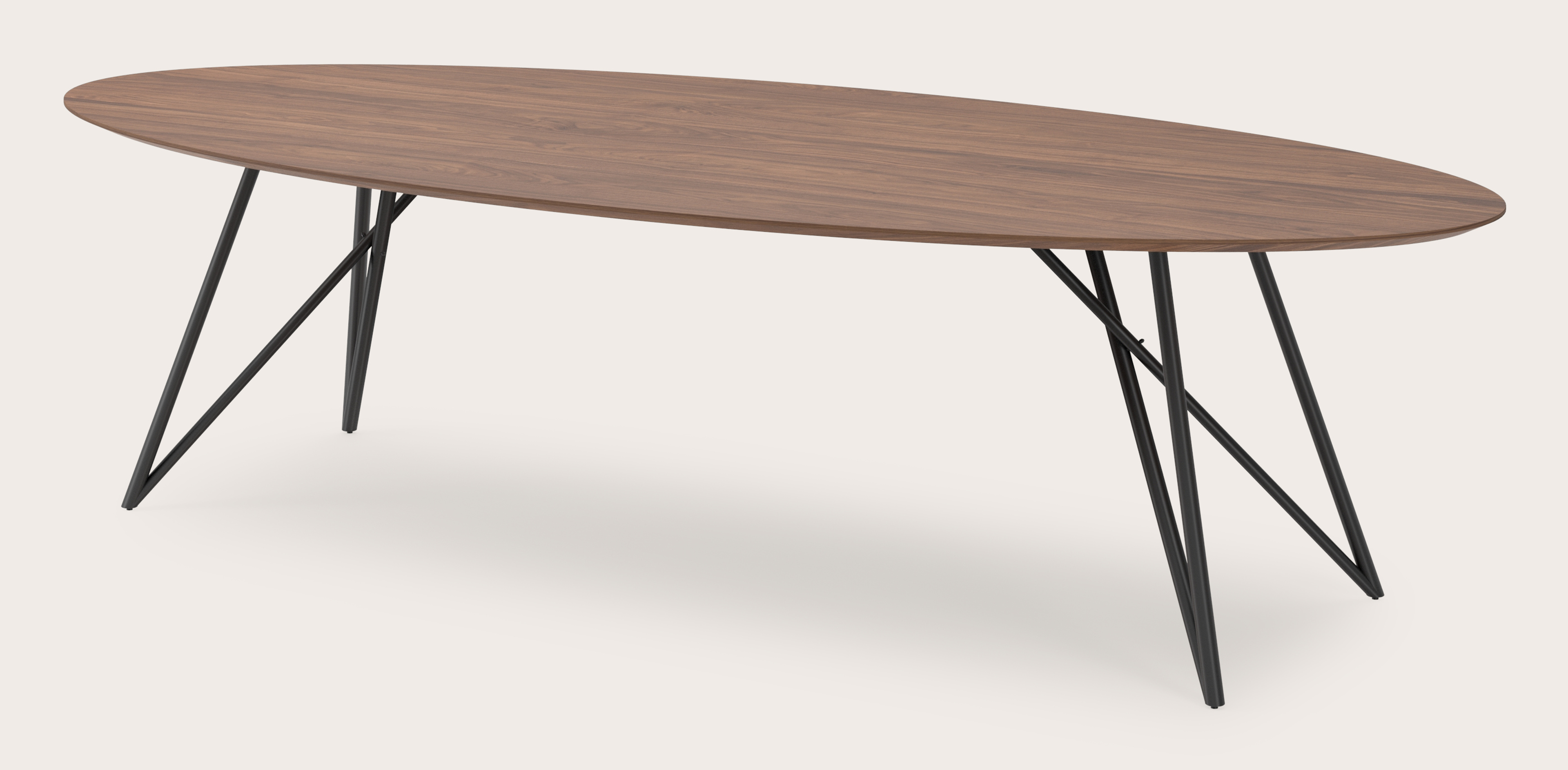 Table de salle à manger Ragno armature en métal noir avec plateau Finesso en forme ovale en noyer 300 x 140 x 77 cm