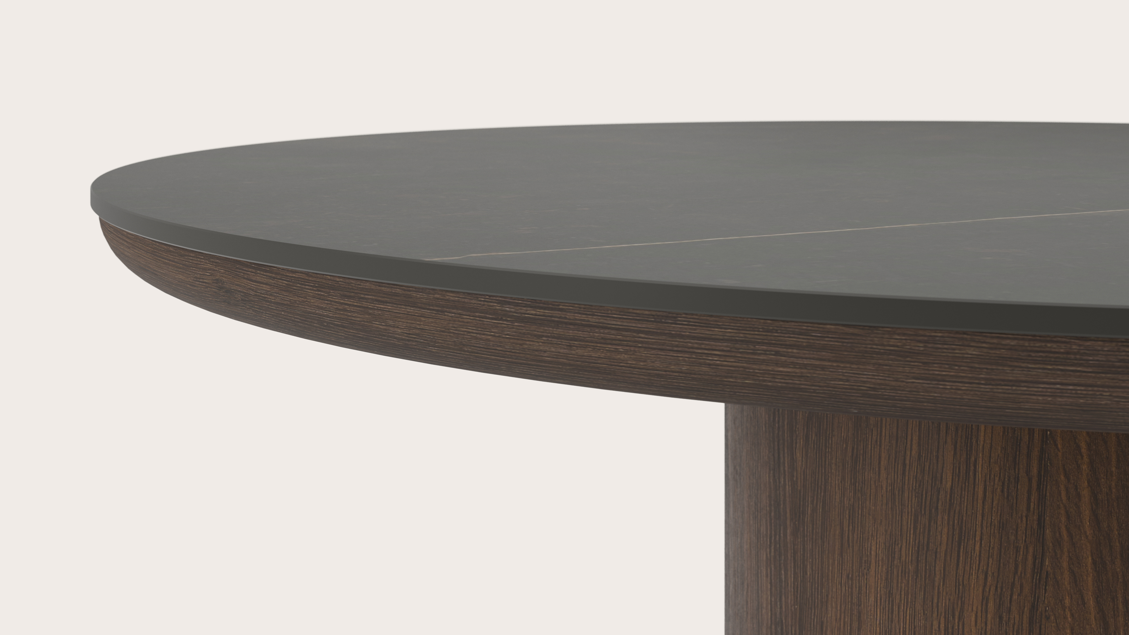 Eettafel Amato Rondo onderstel in gerookte eik met rond volkeramisch Ceramo blad in kleur Calatorao Ø140 x 76 cm
