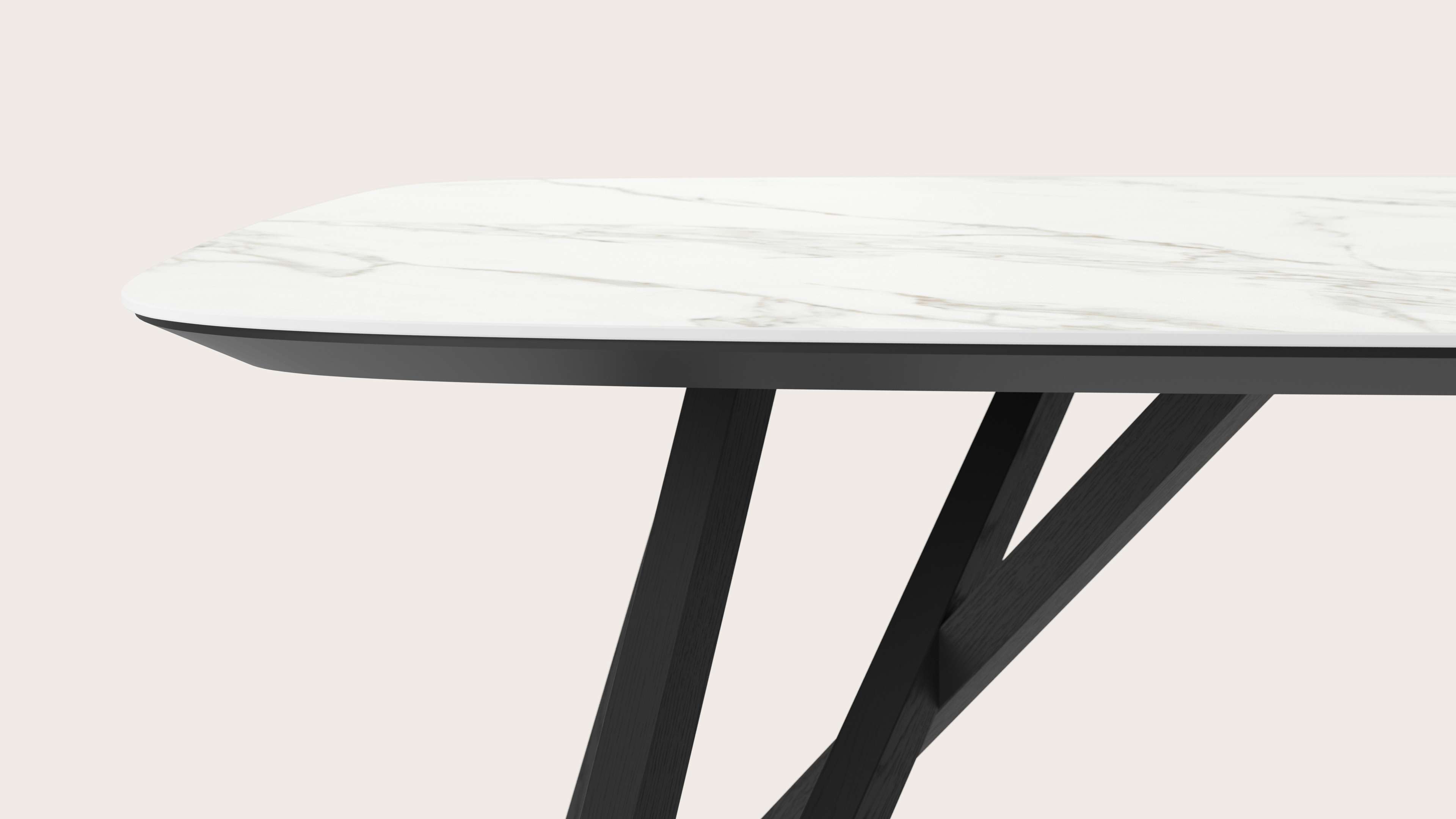 Eettafel Ragno onderstel in zwarte eik met bootvormig volkeramisch Ceramo blad in kleur Calacatta 220 x 105 x 77 cm