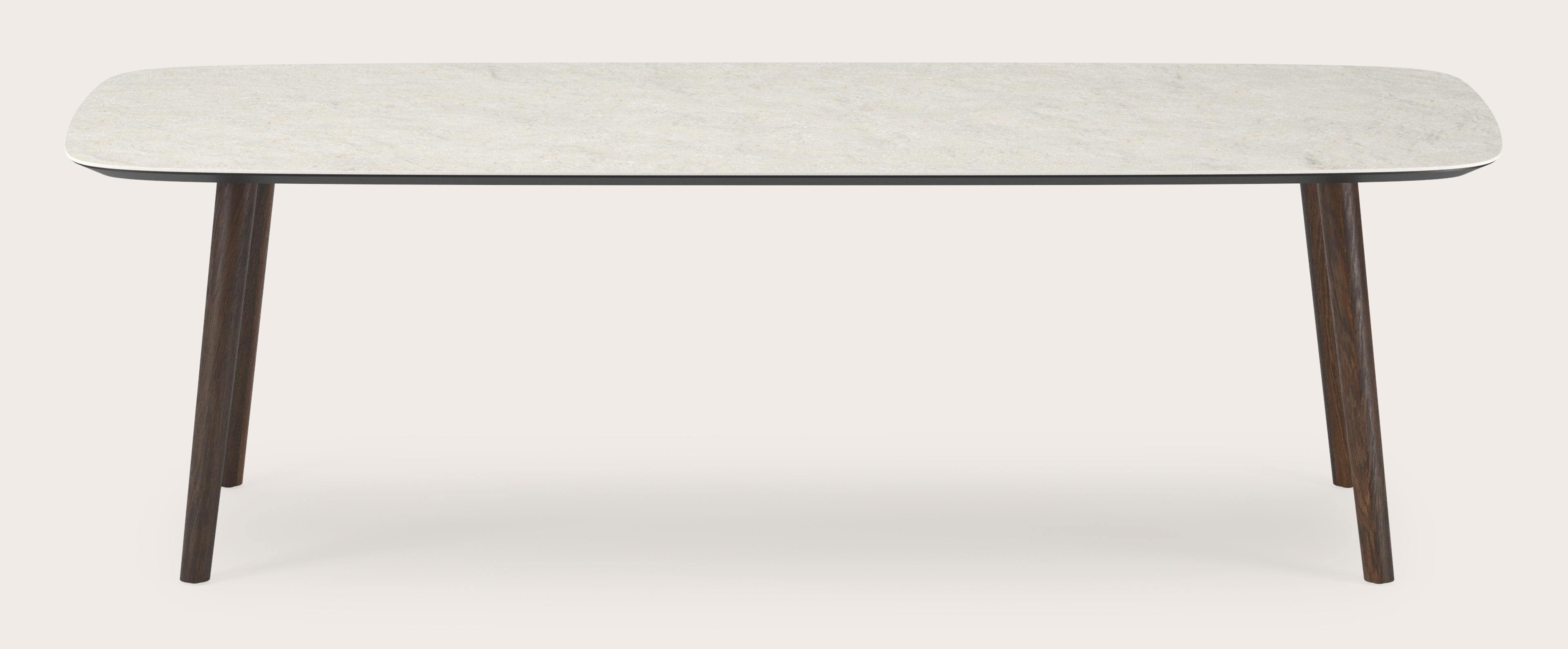 Table de salle à manger Conico armature en chêne fumé avec plateau Ceramo forme arrondie en céramique en couleur Shilin 260 x 110 x 77 cm
