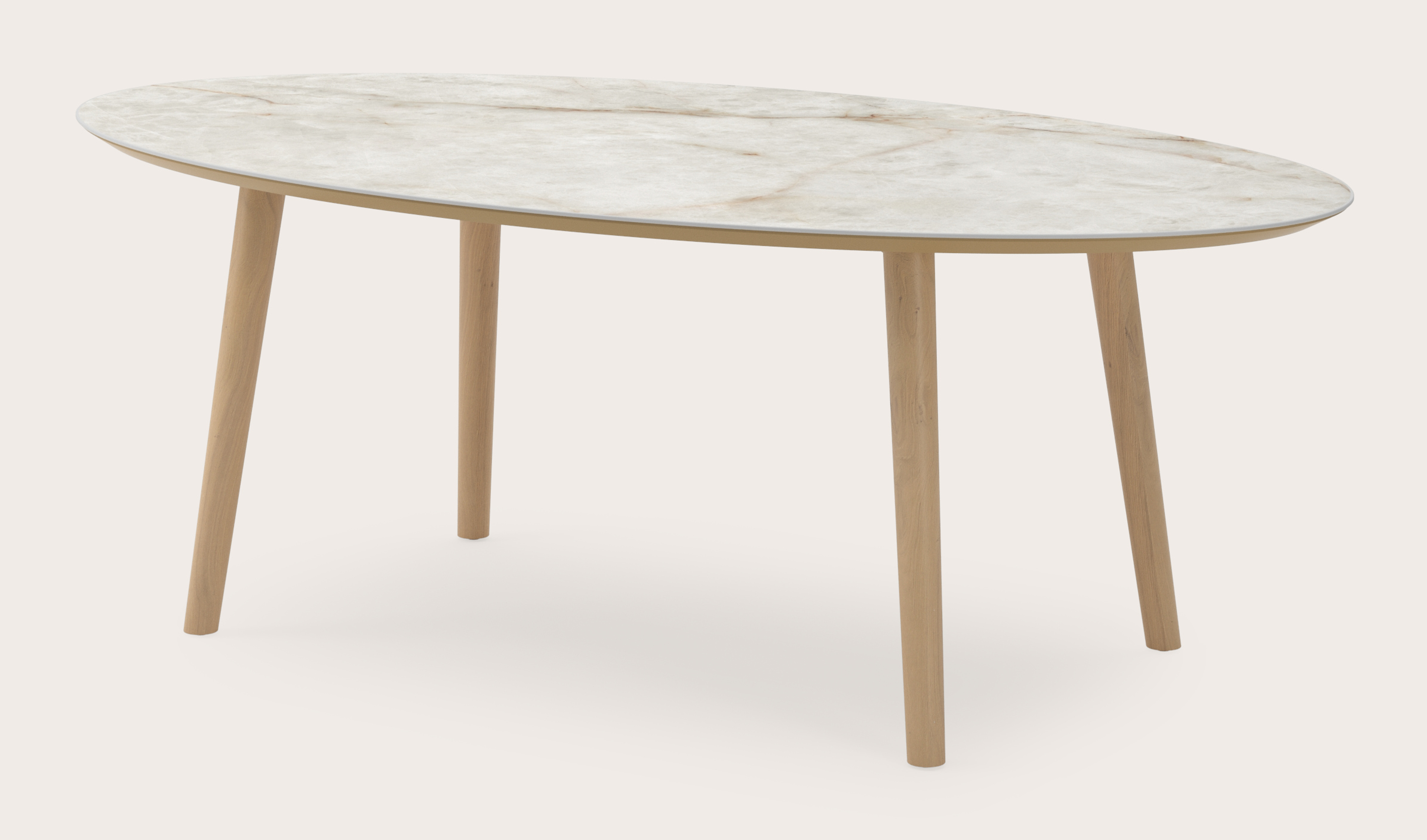 Eettafel Conico onderstel in natuurkleurige eik met ovaal volkeramisch Ceramo blad in kleur Himalaya 220 x 120 x 77 cm
