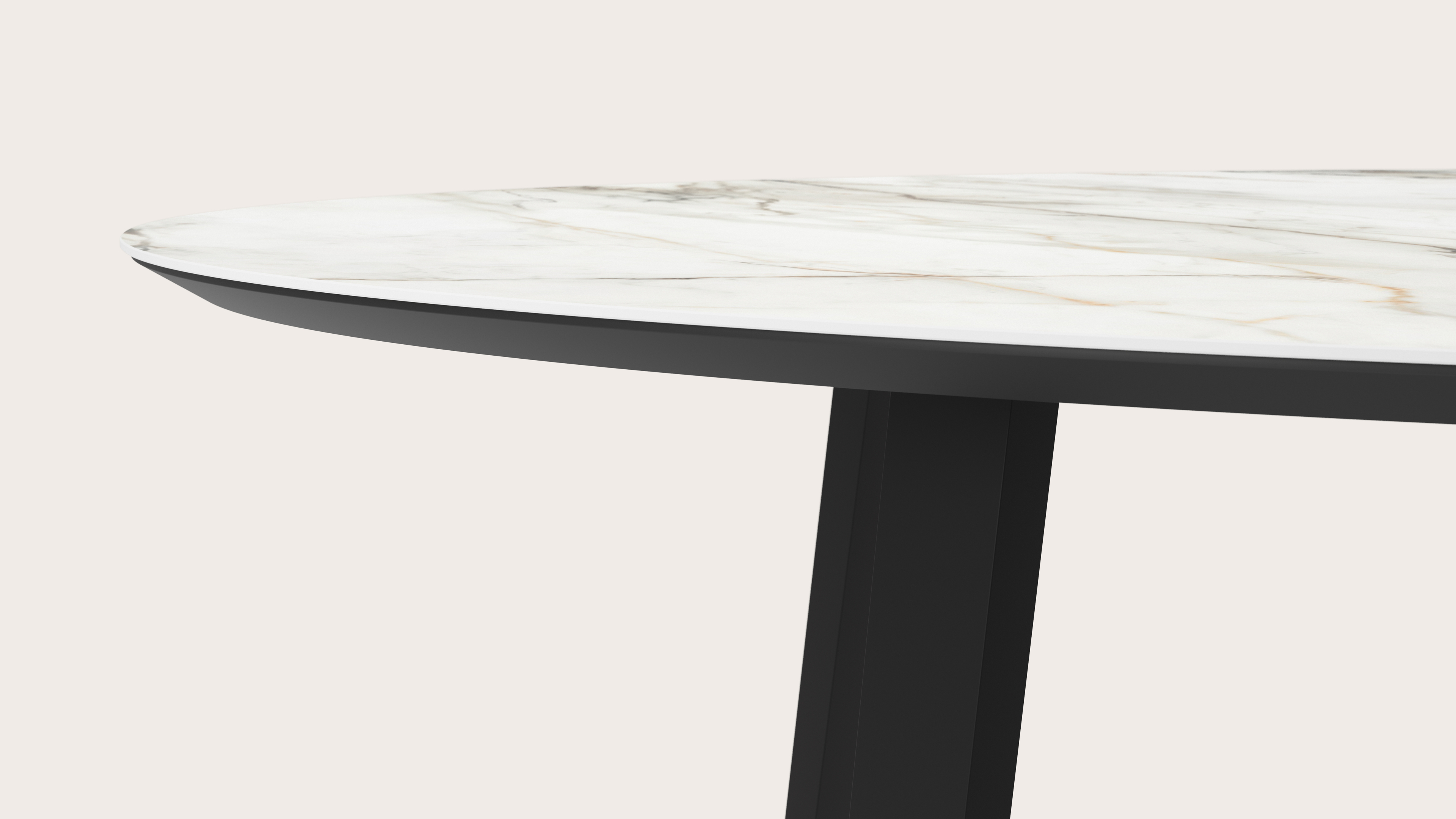 Eettafel Clino onderstel in zwart metaal met ovaal volkeramisch Ceramo blad in kleur Calacatta Luxe  260 x 130 x 77 cm
