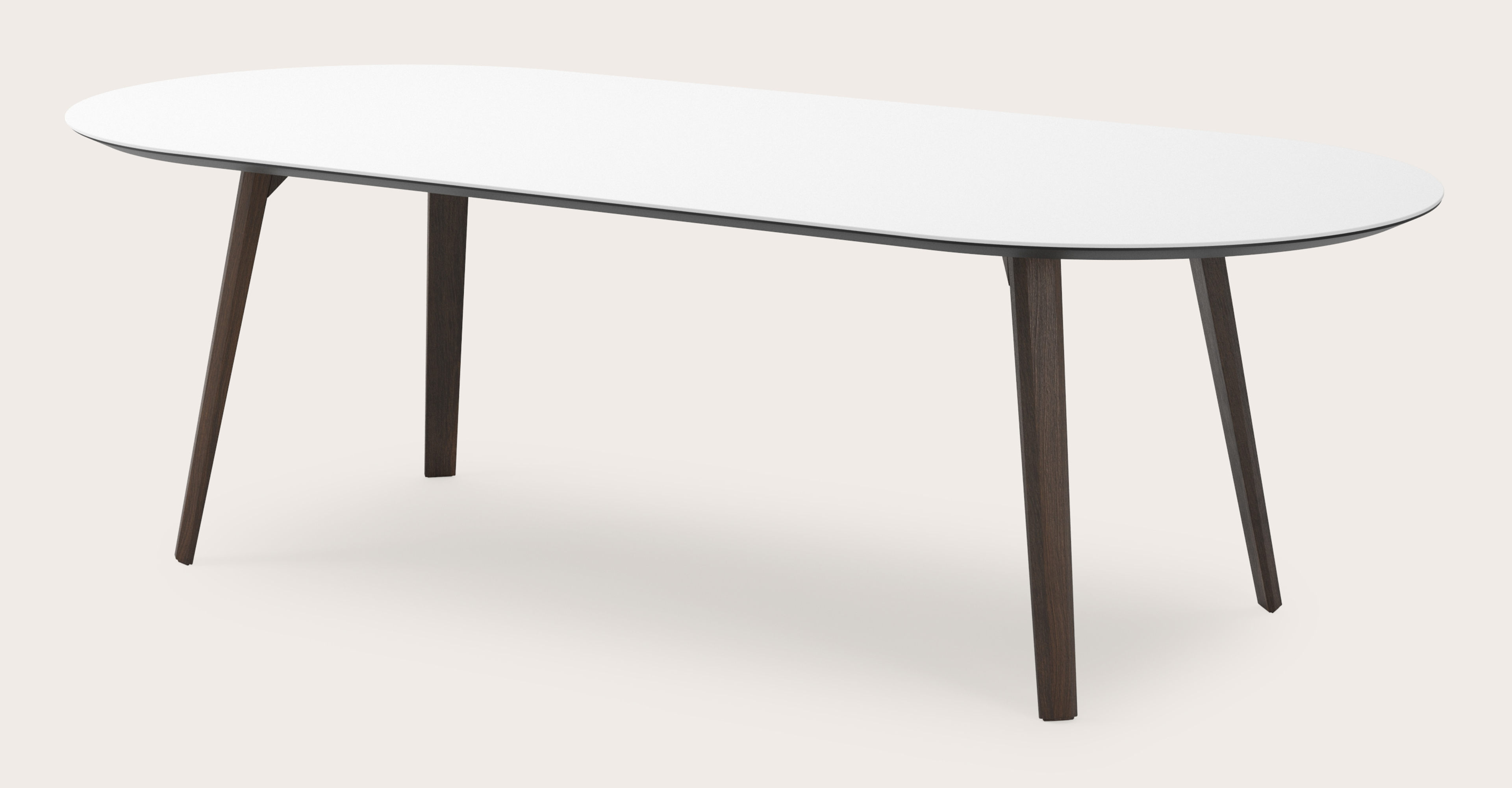 Eettafel Clino onderstel in gerookte eik met plat ovaal volkeramisch Ceramo blad in kleur Arctic White 260 x 115 x 77 cm