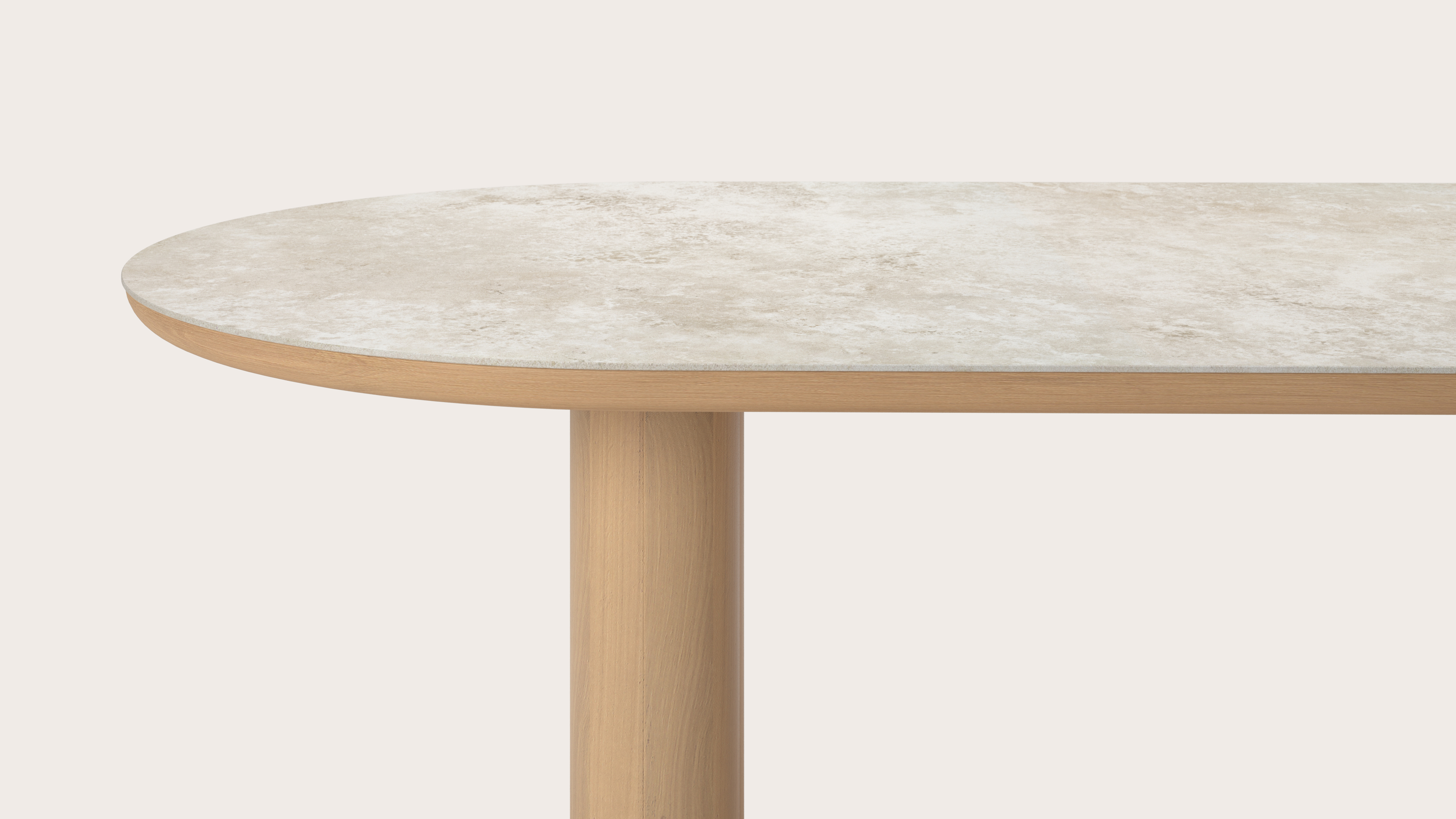 Eettafel Amato Rondo onderstel in natuurkleurige eik met plat ovaal volkeramisch Ceramo blad in kleur Rapolano 300 x 120 x 76 cm