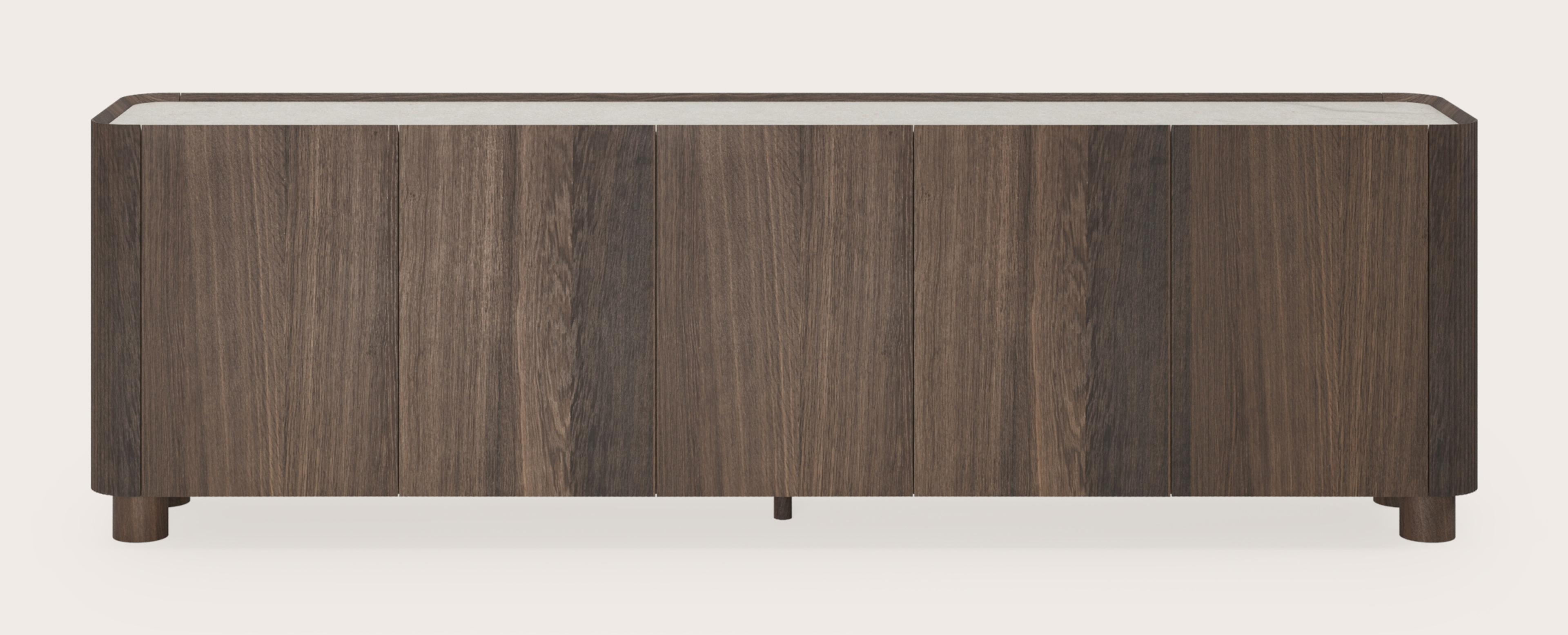 Grivato dressoir in gerookte eik met ronde houten poten met volkeramisch Ceramo blad in kleur Shilin 249 x 45 x 76 cm
