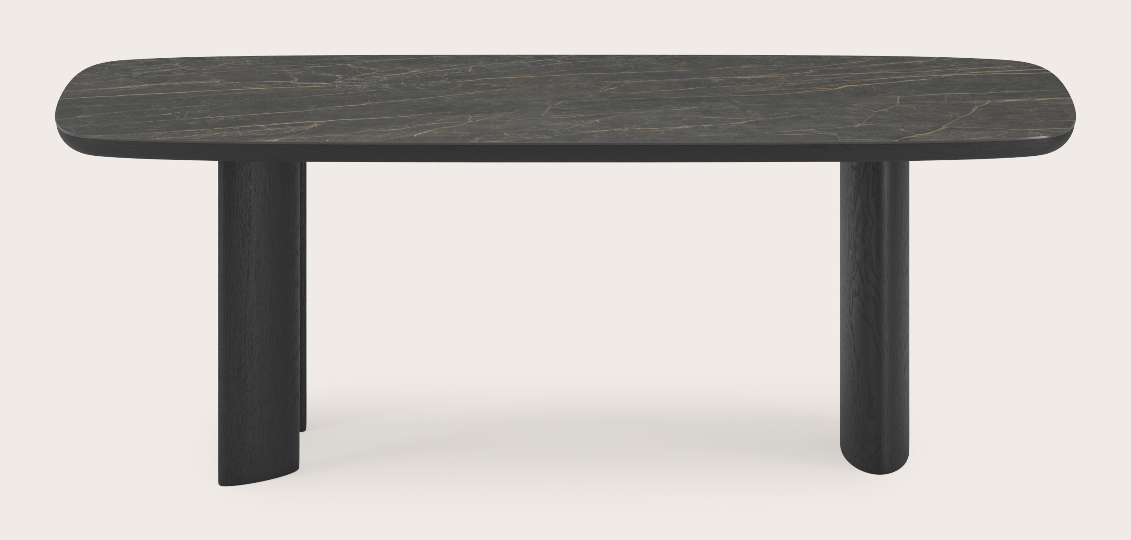 Table de salle à manger Amato Ellipso armature en chêne noir avec plateau Ceramo forme arrondie en céramique en couleur Black Obsession 220 x 105 x 76 cm