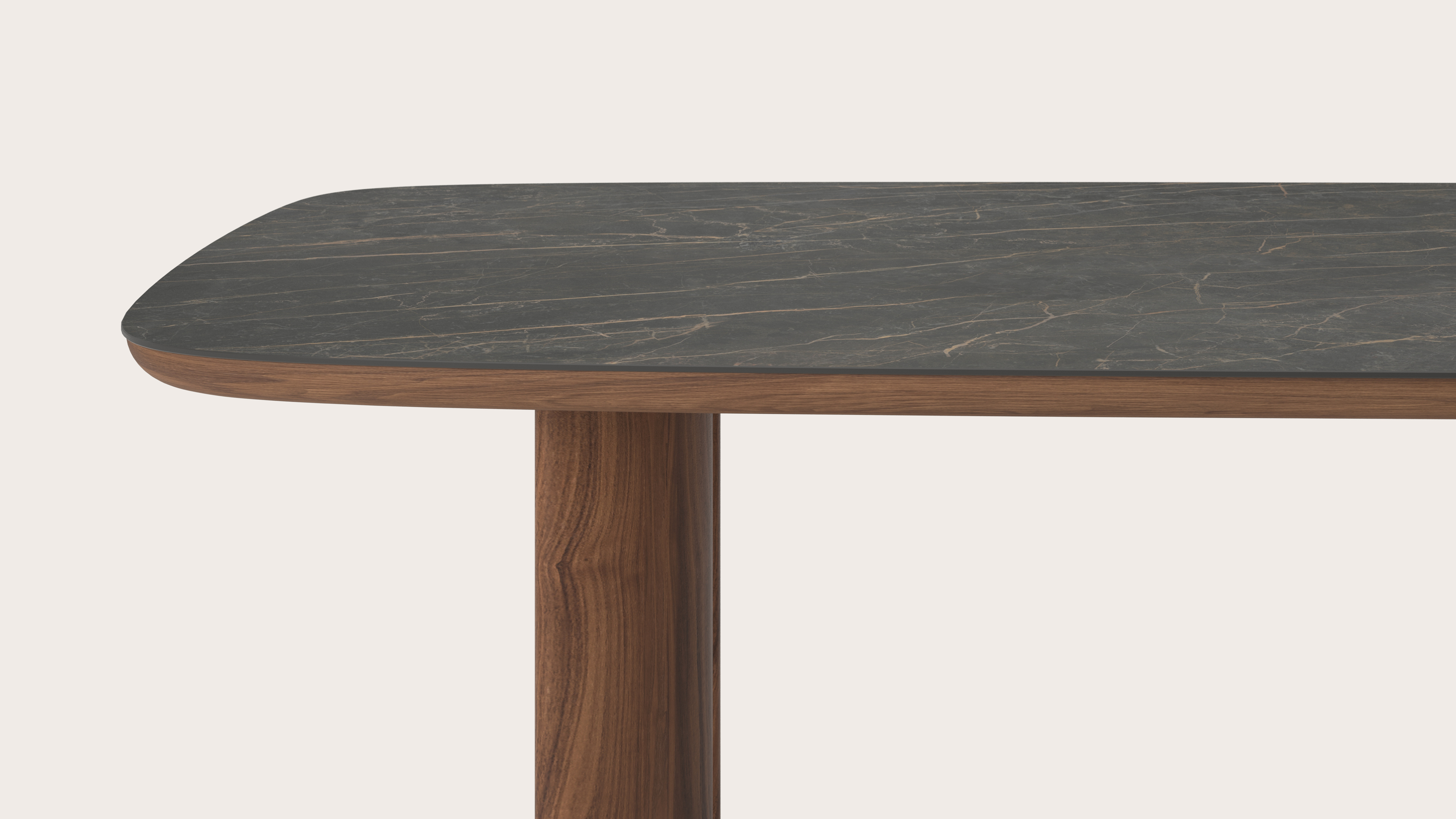 Table de salle à manger Amato Ellipso armature en noyer avec plateau Ceramo forme arrondie en céramique en couleur Black Obsession 300 x 115 x 76 cm