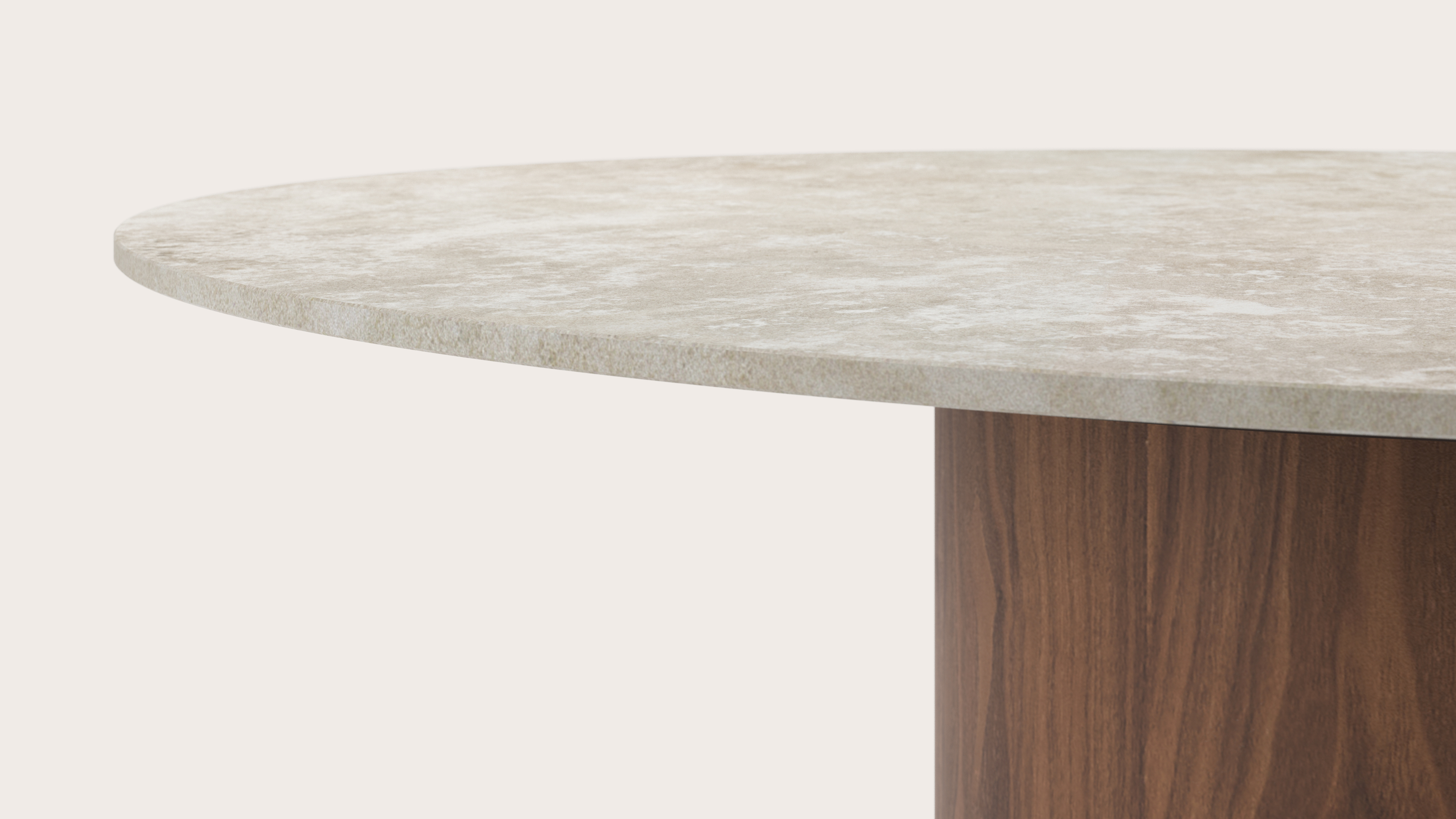 Eettafel low dining Amato Rondo onderstel in walnoot met rond volkeramisch Ceramo Lux blad in kleur Rapolano Ø130 x 69 cm
