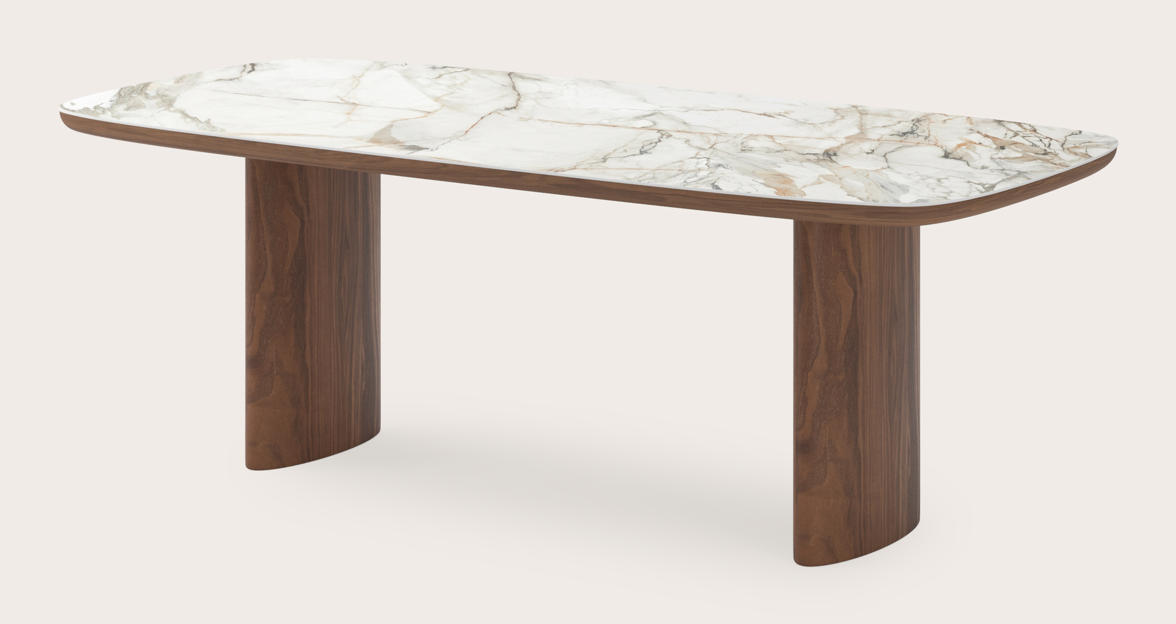 Eettafel Amato Ellipso onderstel in walnoot met bootvormig volkeramisch Ceramo blad in kleur Calacatta Luxe 220 x 105 x 76 cm
