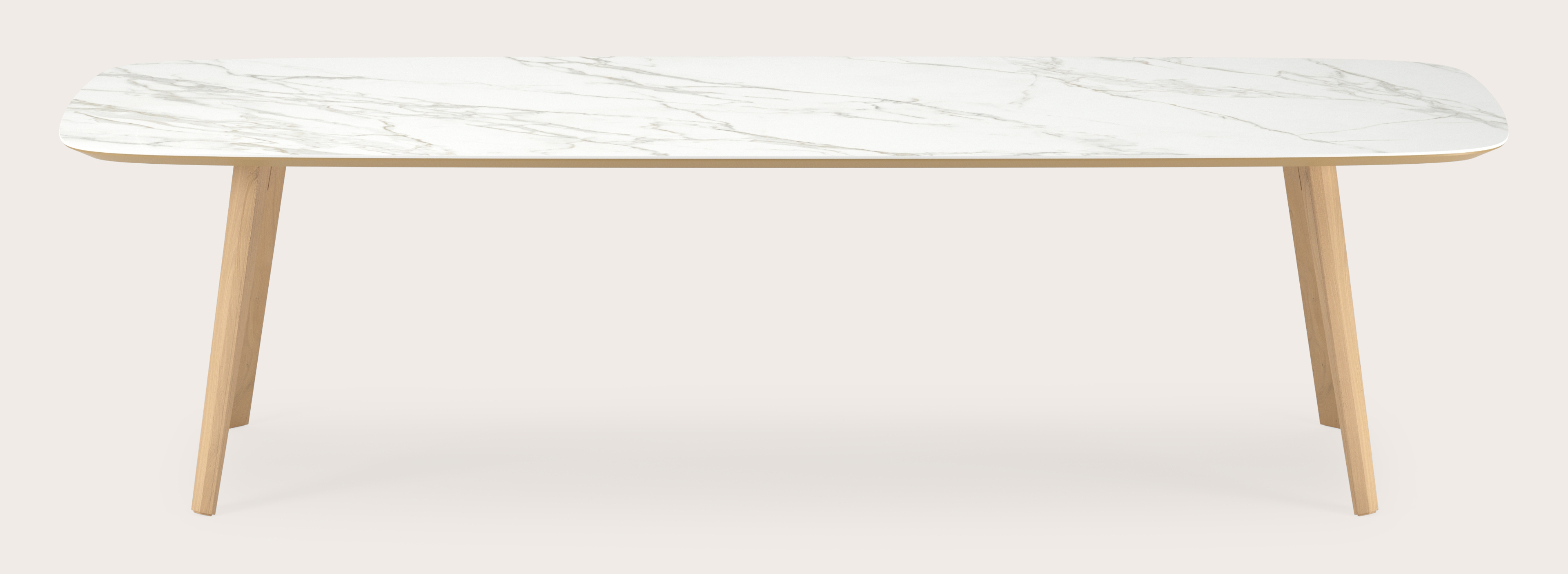 Eettafel Clino onderstel in natuurkleurige eik met bootvormig volkeramisch Ceramo blad in kleur Calacatta 300 x 115 x 77 cm