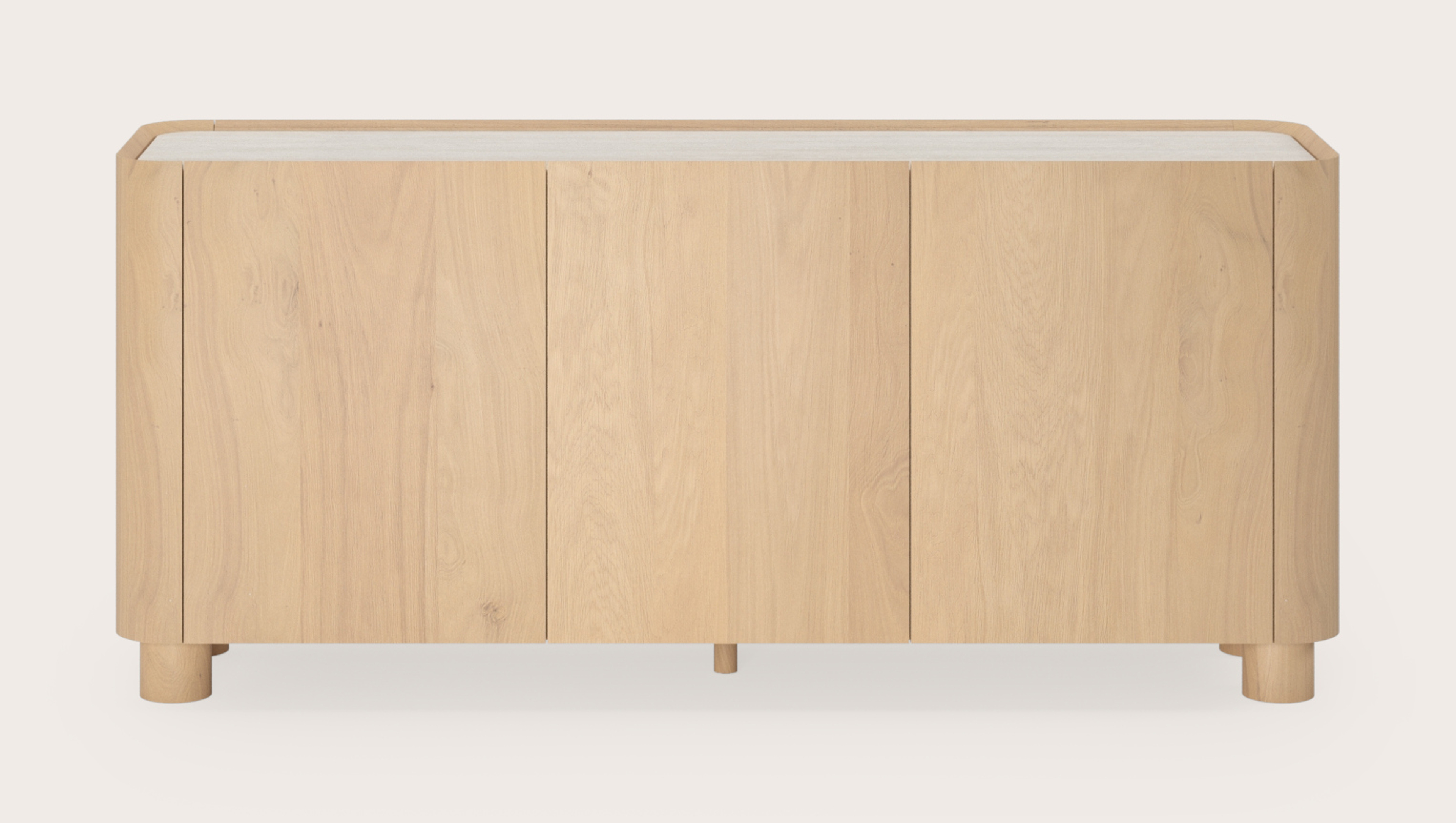 Buffet Curvato en chêne couleur naturelle avec pieds ronds en bois avec plateau Ceramo en céramique en couleur Travertino Bianco 169 x 45 x 76 cm