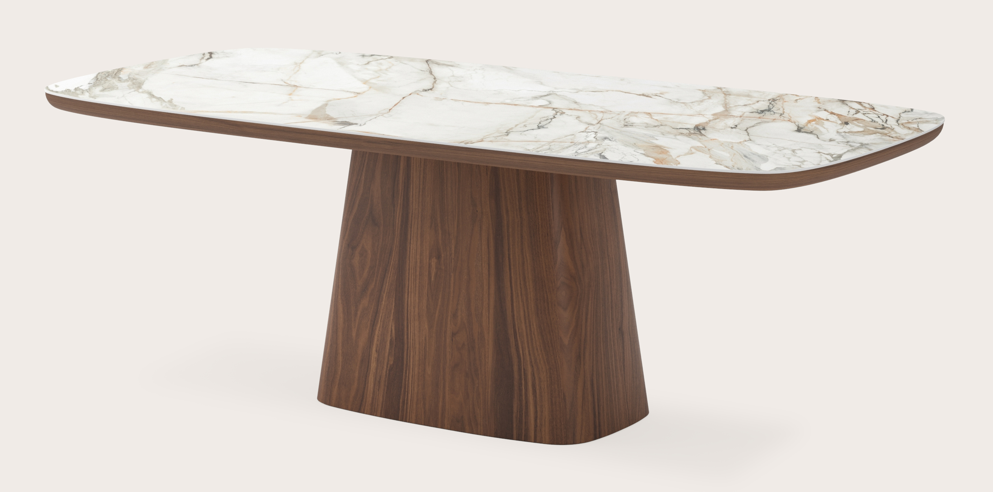 Eettafel Amato Cuadro onderstel in walnoot met Bootvormig volkeramisch Ceramo blad in kleur Calacatta Luxe 220 x 105 x 77 cm