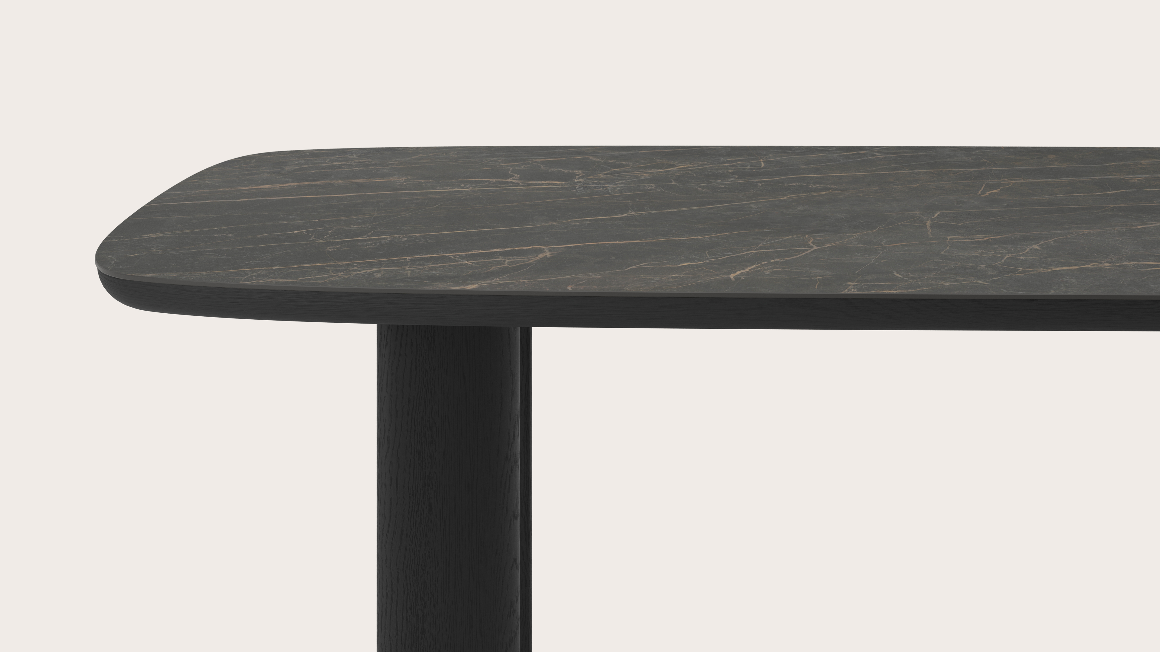 Table de salle à manger Amato Ellipso armature en chêne noir avec plateau Ceramo forme arrondie en céramique en couleur Black Obsession 220 x 105 x 76 cm