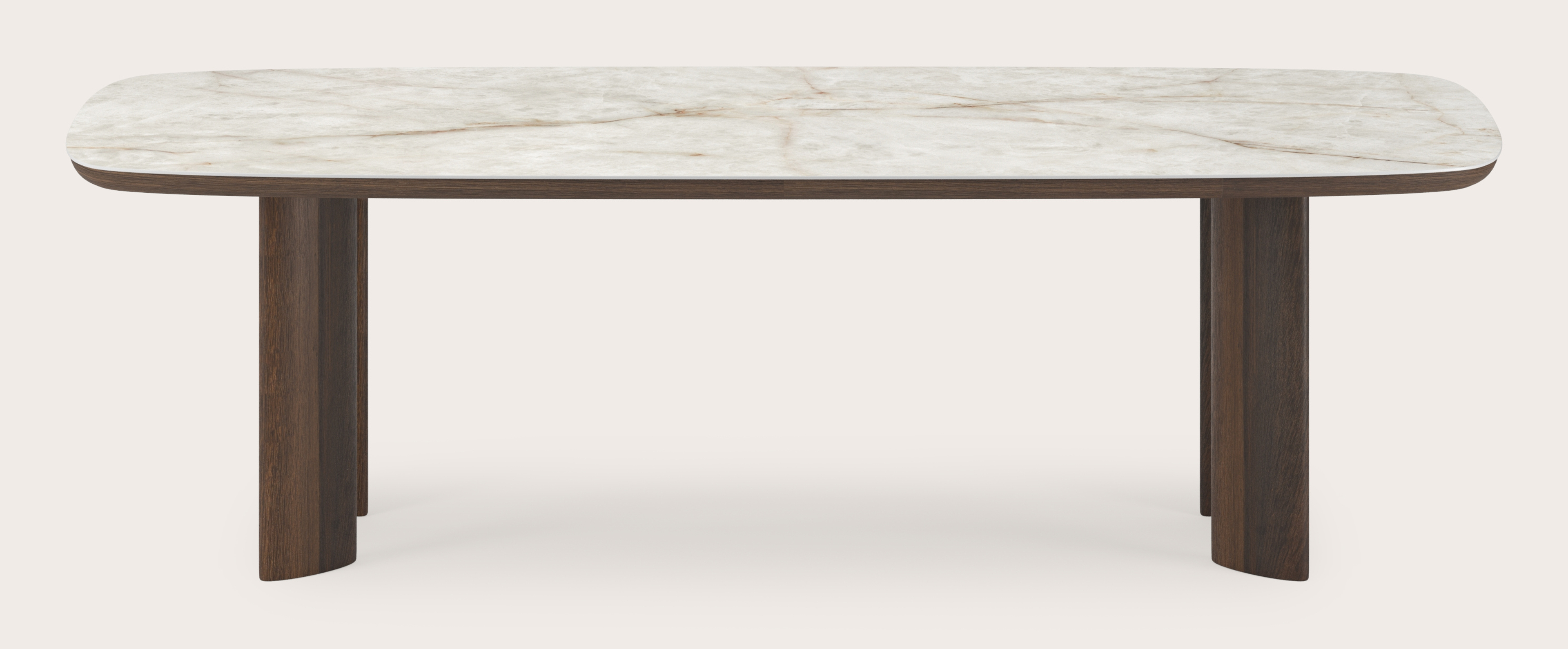 Eettafel Amato Ellipso onderstel in gerookte eik met bootvormig volkeramisch Ceramo blad in kleur Himalaya 260 x 110 x 76 cm