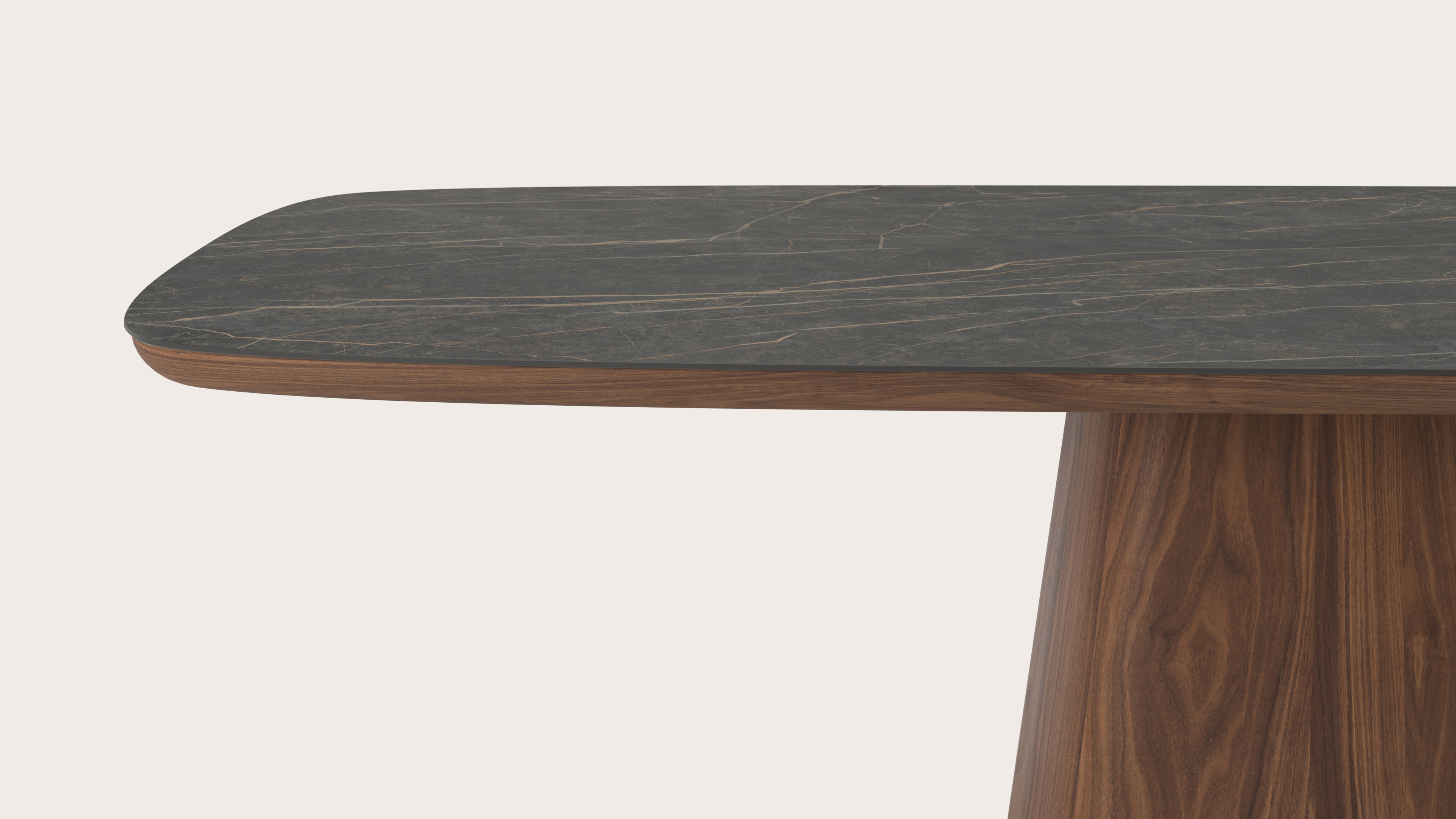 Eettafel Amato Cuadro onderstel in noyer avec plateau Ceramo forme arrondie en céramique en couleur Black Obsession 260 x 110 x 77 cm