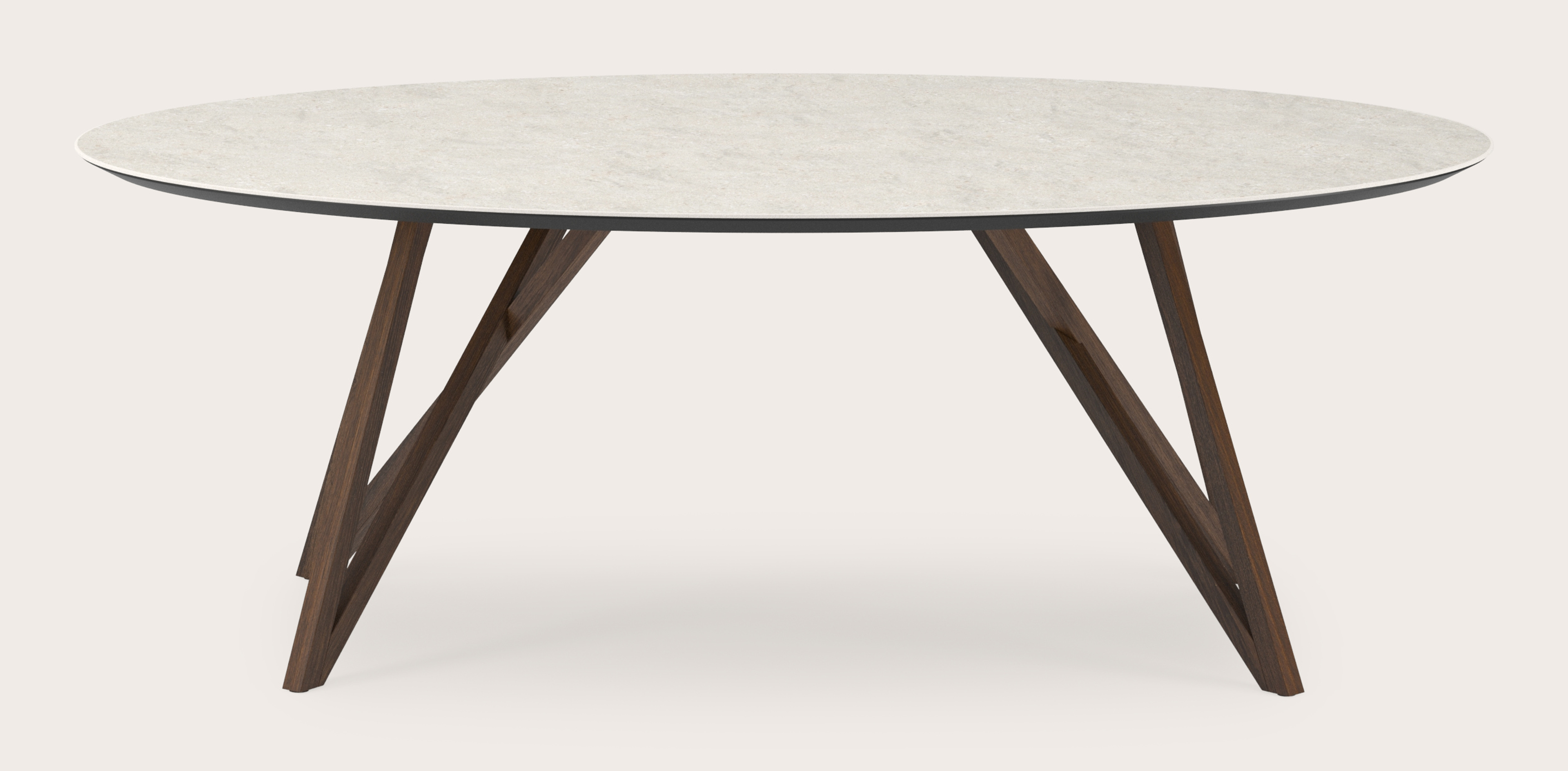 Eettafel Ragno onderstel in gerookte eik met ovaal volkeramisch Ceramo blad in kleur Shilin 220 x 120 x 77 cm