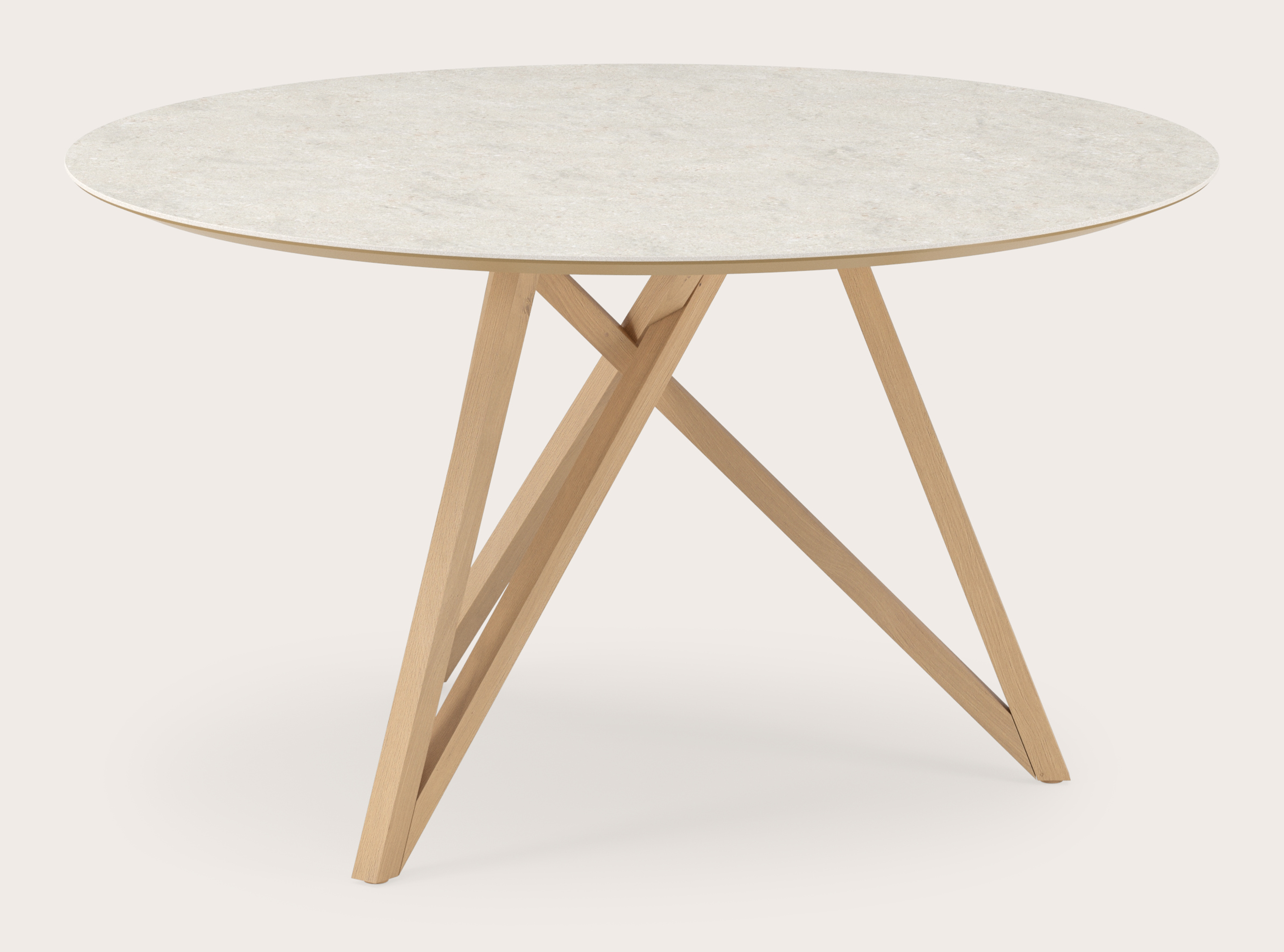 Eettafel Ragno onderstel in natuurkleurige eik met rond volkeramisch Ceramo blad in kleur Shilin Ø140 x 77 cm