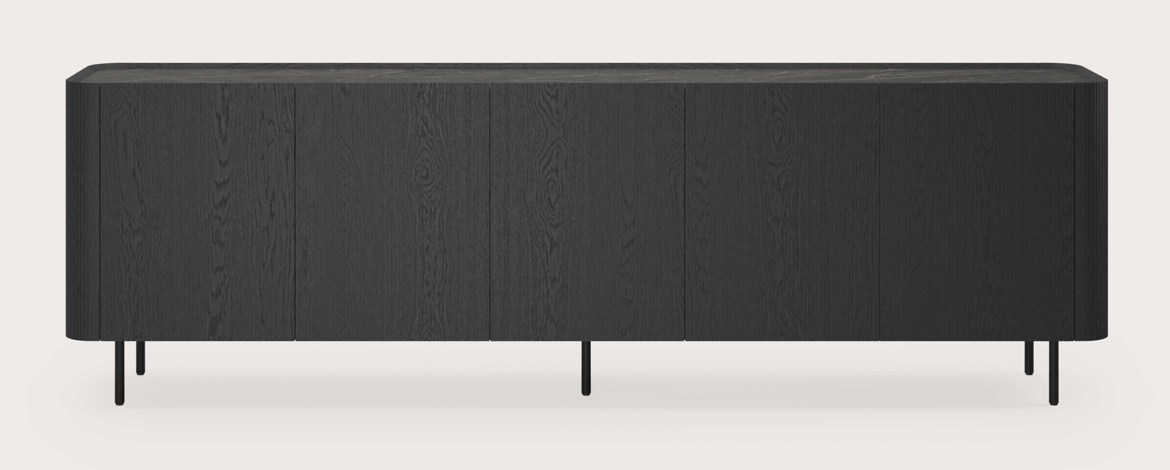 Buffet Grivato en chêne noir avec pieds ronds avec plateau Ceramo rond en céramique en couleur Black Obsession 269 x 45 cm