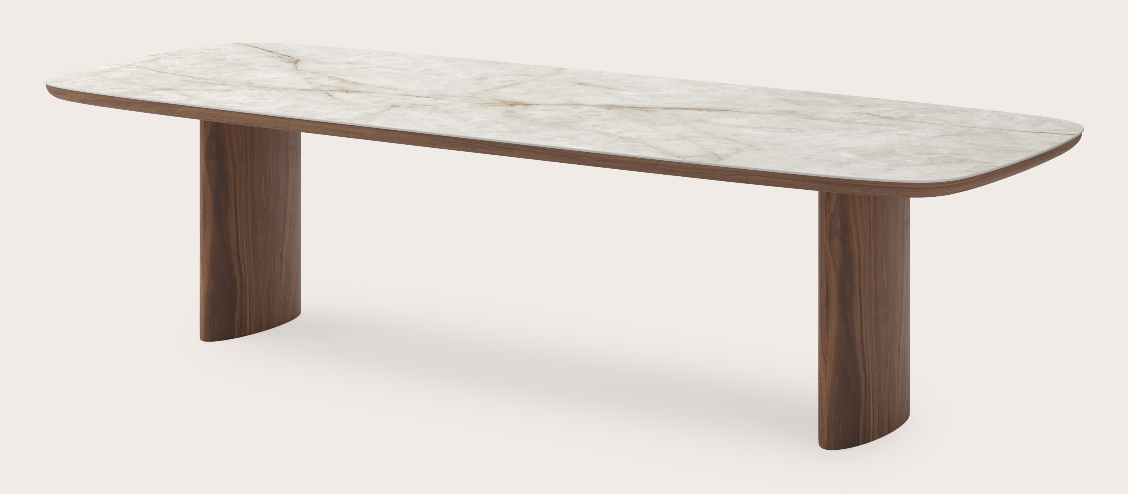Table de salle à manger Amato Ellipso armature en noyer avec plateau Ceramo forme arrondie en céramique en couleur Himalaya 300 x 115 x 76 cm
