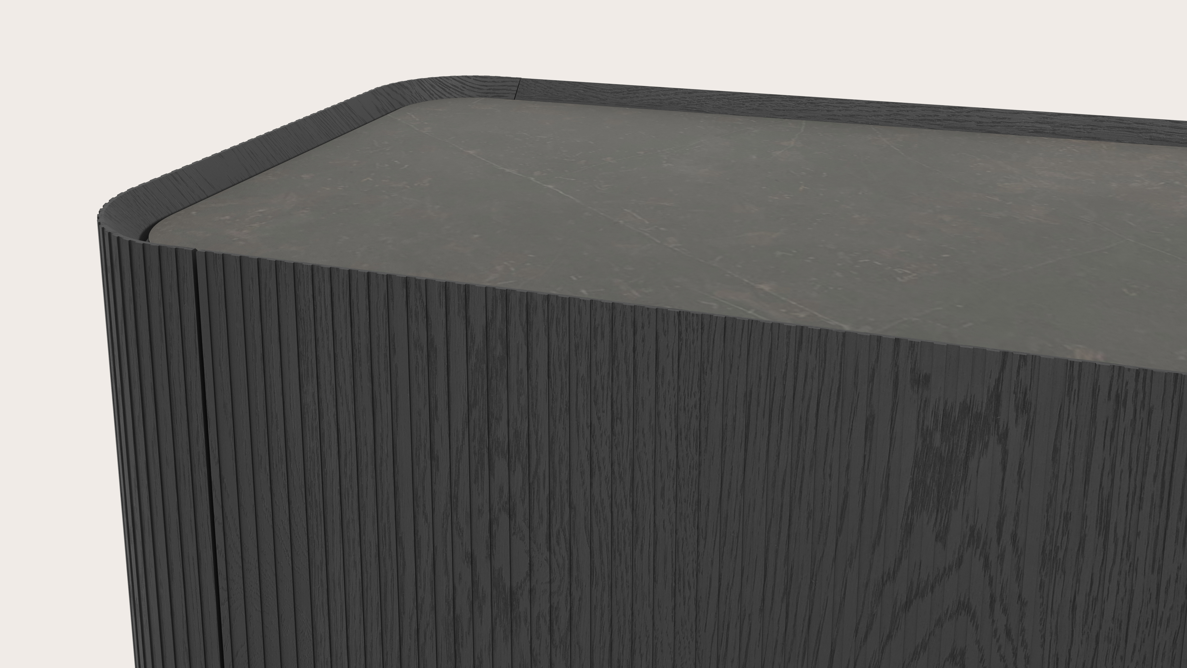 Meuble tv Grivato en chêne noir avec pieds ronds avec plateau Ceramo rond en céramique en couleur Calatorao 203 x 45 cm