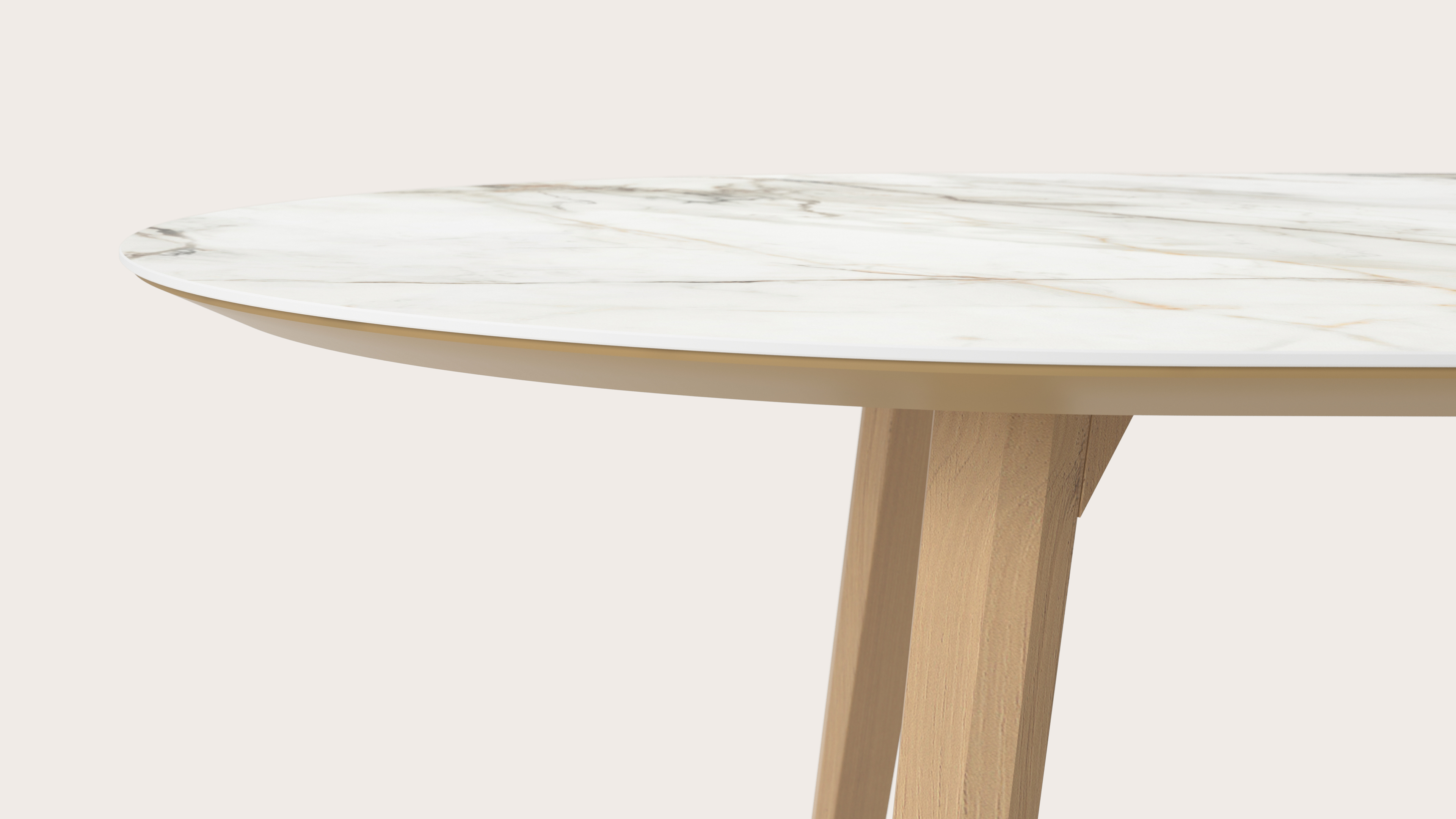 Eettafel Clino onderstel in natuurkleurige eik met plat ovaal volkeramisch Ceramo blad in kleur Calacatta Luxe 260 x 115 x 77 cm