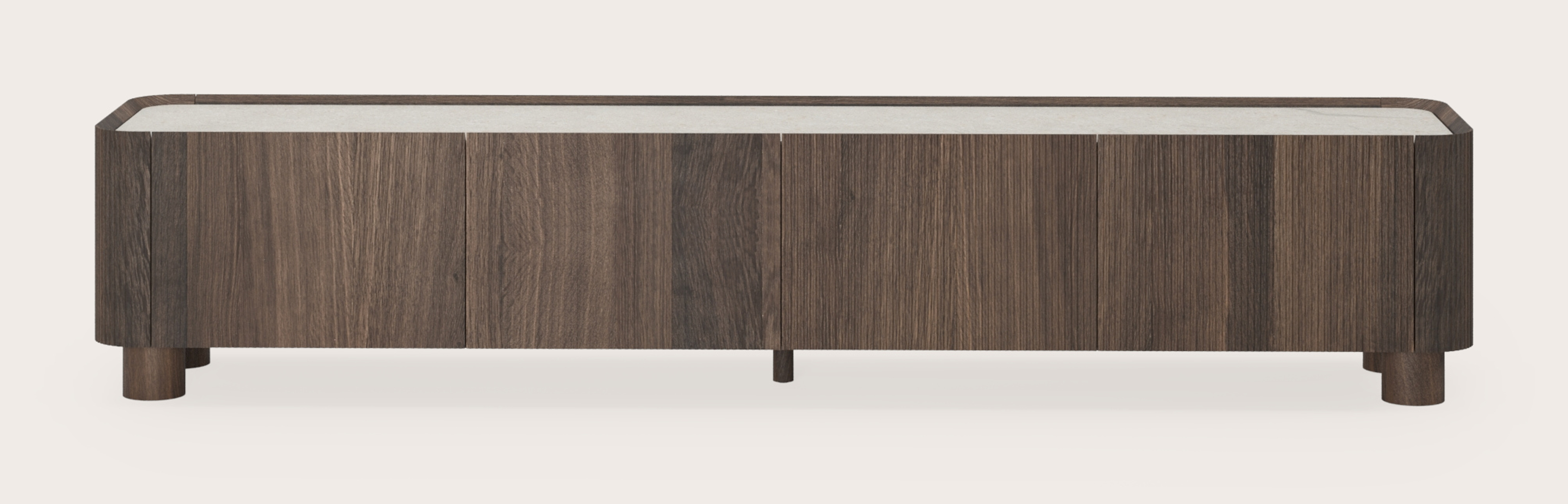 Meuble tv Grivato en chêne fumé avec pieds ronds en bois avec plateau Ceramo en céramique en couleur Shilin 219 x 45 x 44 cm