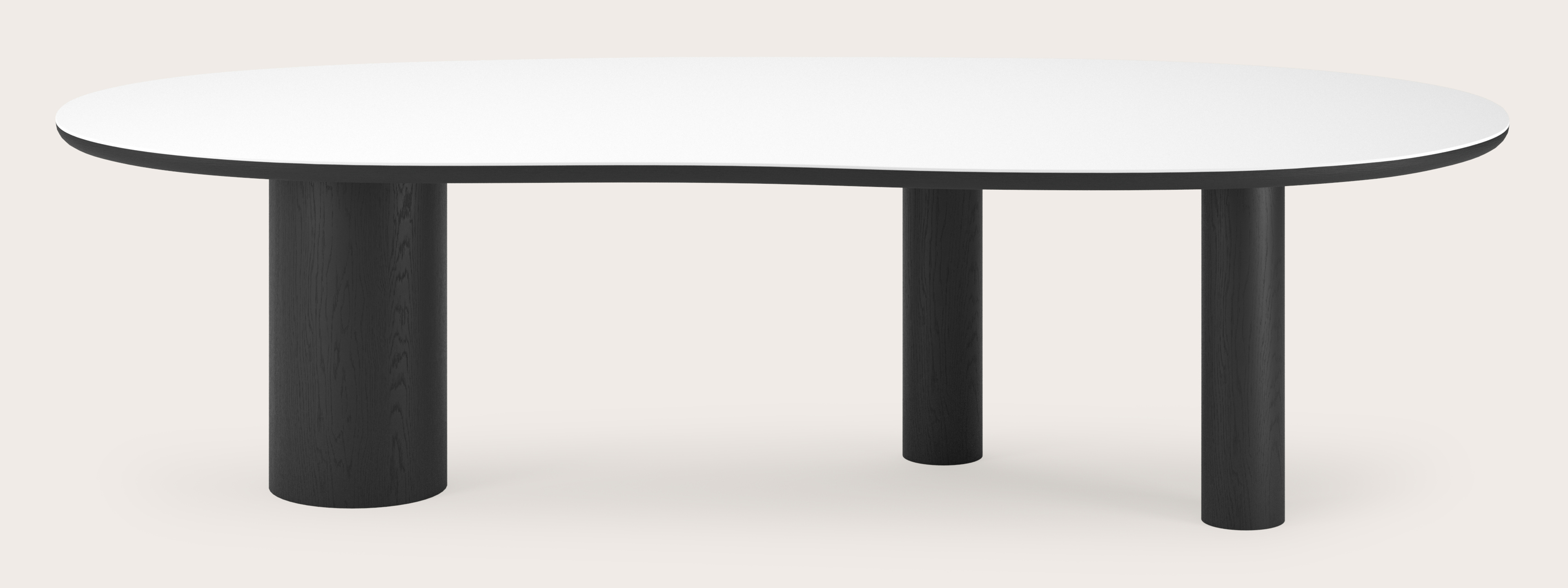 Table de salle à manger Amato Rondo armature en chêne noir avec plateau Ceramo forme blob en céramique en couleur Arctic White 300 x 122 x 77 cm