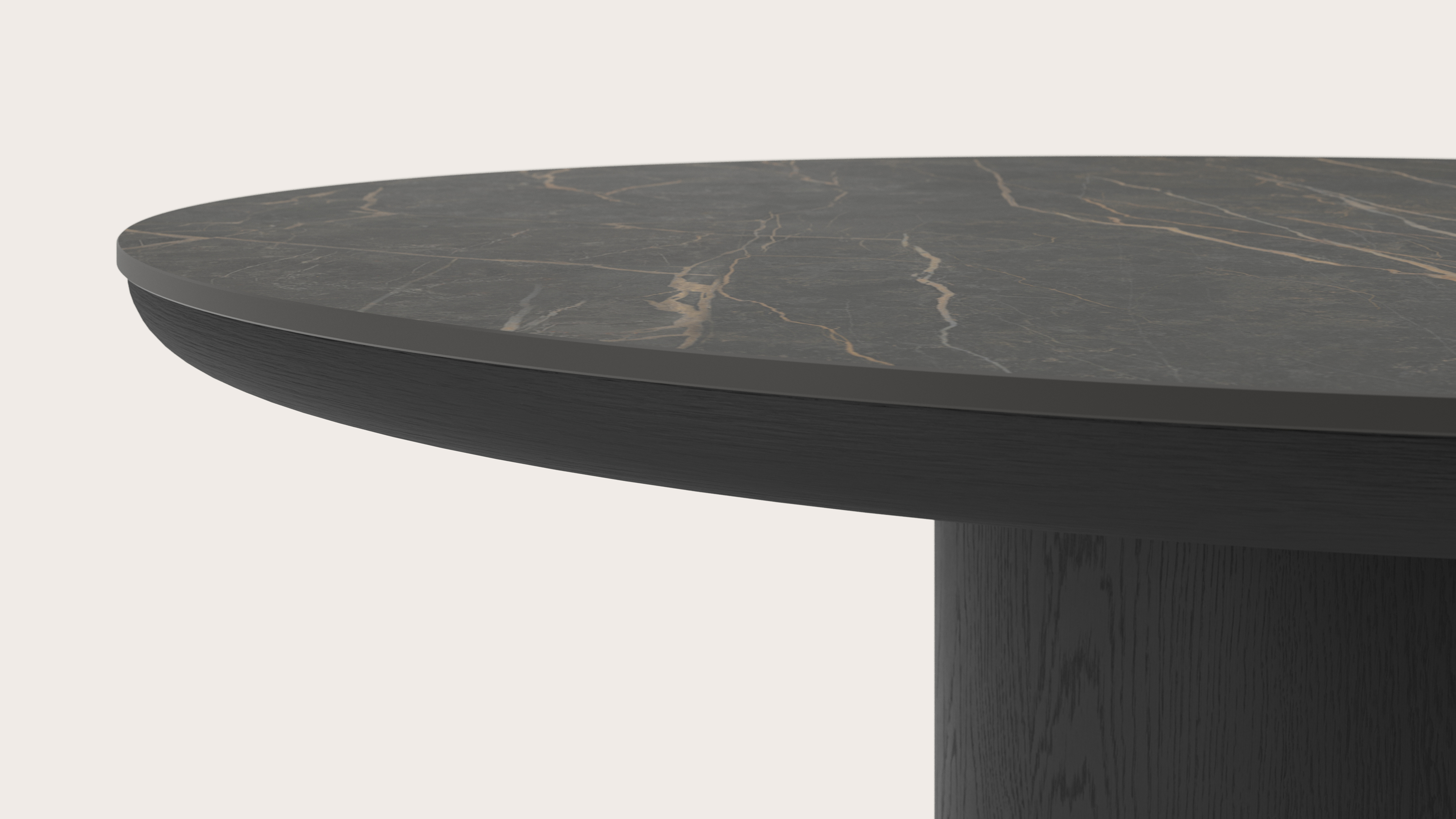 Eettafel Amato Rondo onderstel in zwarte eik met rond volkeramisch Ceramo blad in kleur Black Obsession Ø140 x 76 cm