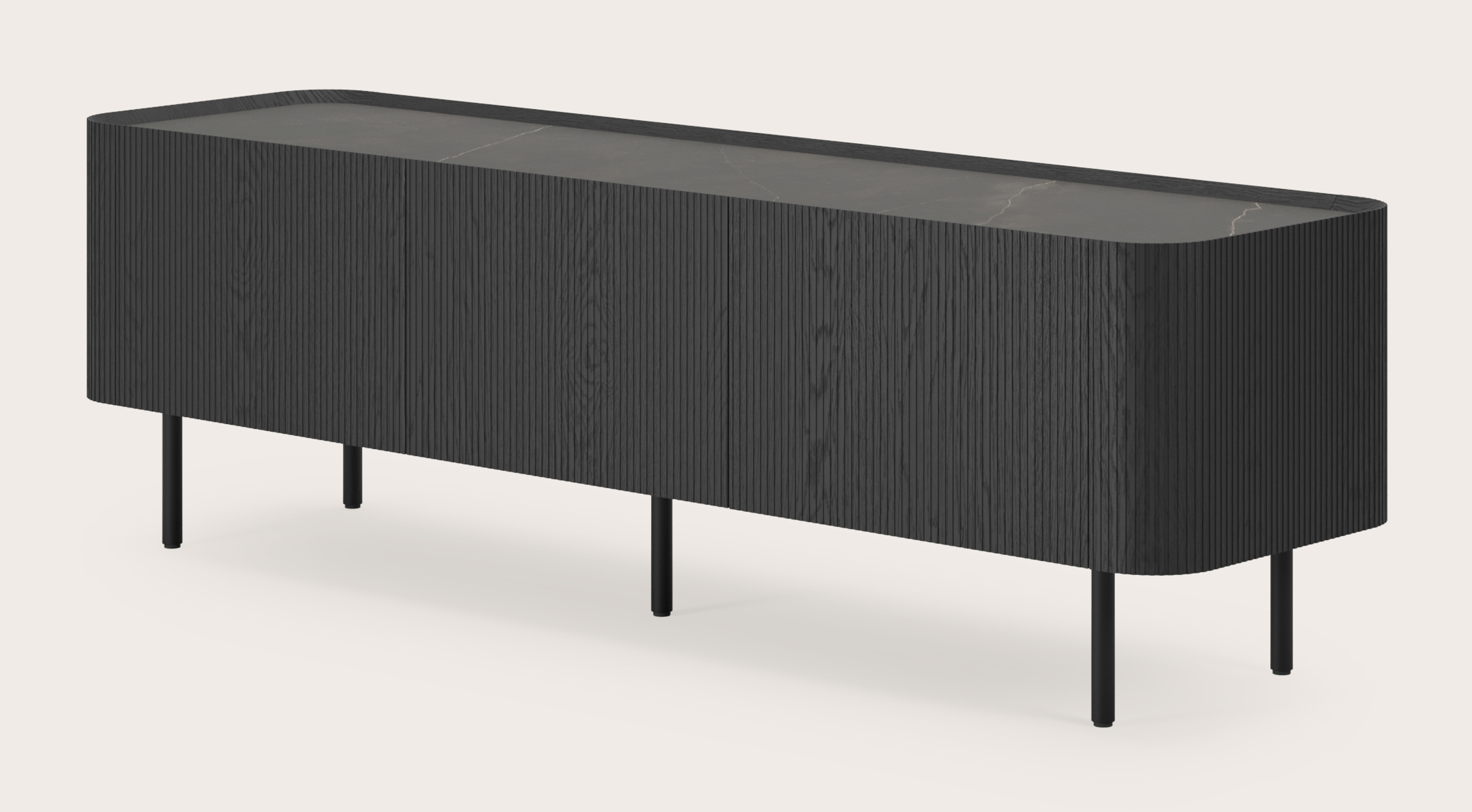 Grivato tv-meubel in zwarte eik met ronde poten met volkeramisch Ceramo blad in kleur Calatorao 169 x 45 cm