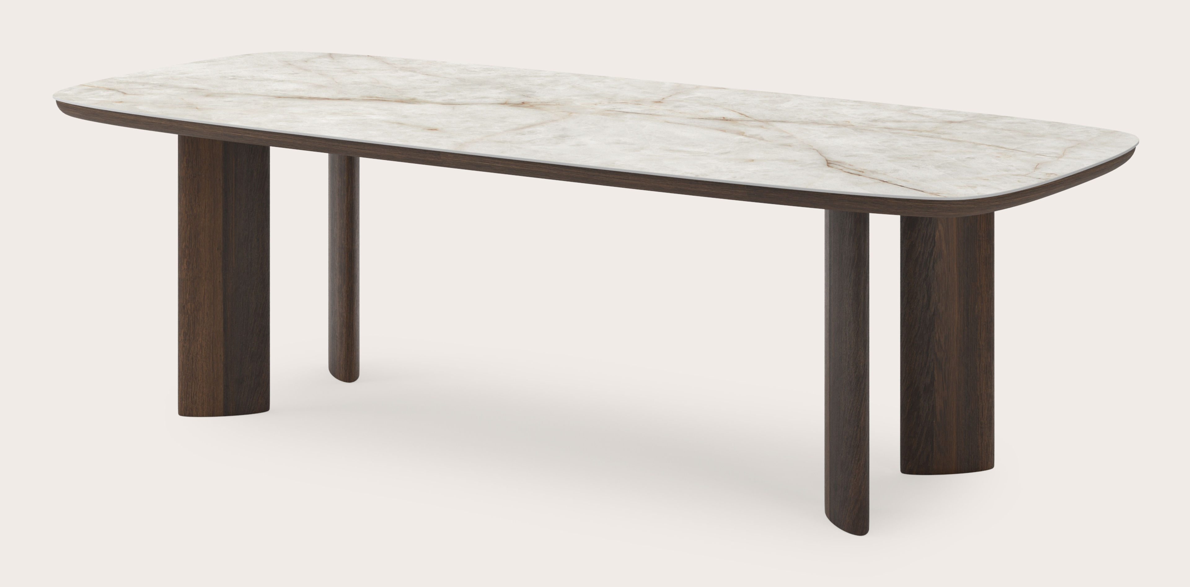 Eettafel Amato Ellipso onderstel in gerookte eik met bootvormig volkeramisch Ceramo blad in kleur Himalaya 260 x 110 x 76 cm