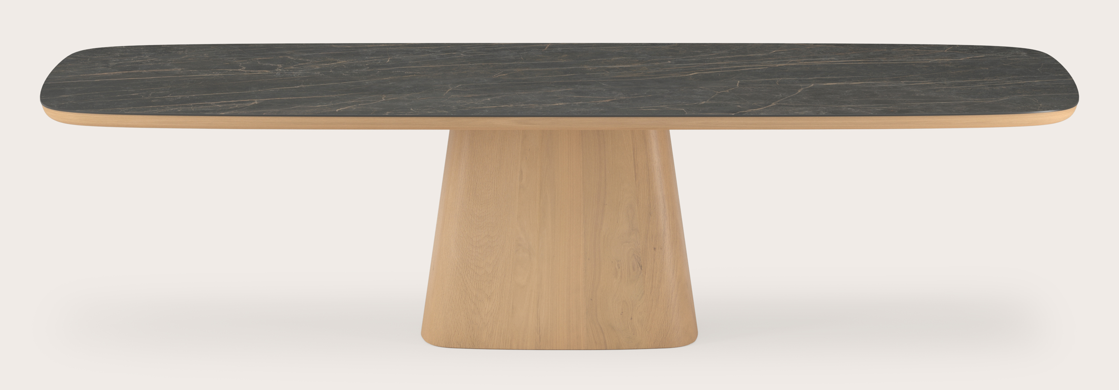 Eettafel Amato Cuadro onderstel in natuurkleurige eik met Bootvormig volkeramisch Ceramo blad in kleur Black Obsession 300 x 115 x 77 cm