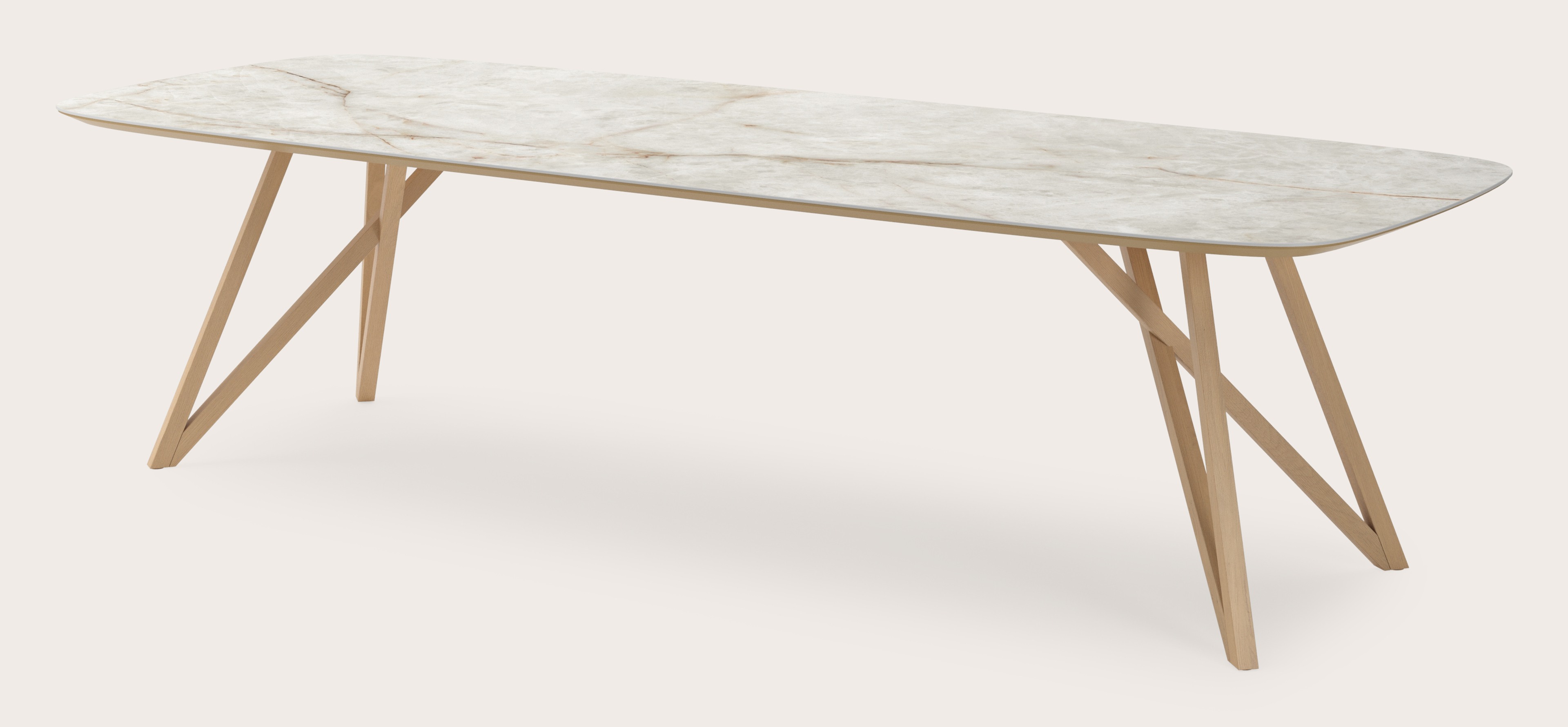 Table de salle à manger Ragno armature en chêne couleur naturelle avec plateau Ceramo forme arrondi en céramique en couleur Himalaya 300 x 115 x 77 cm