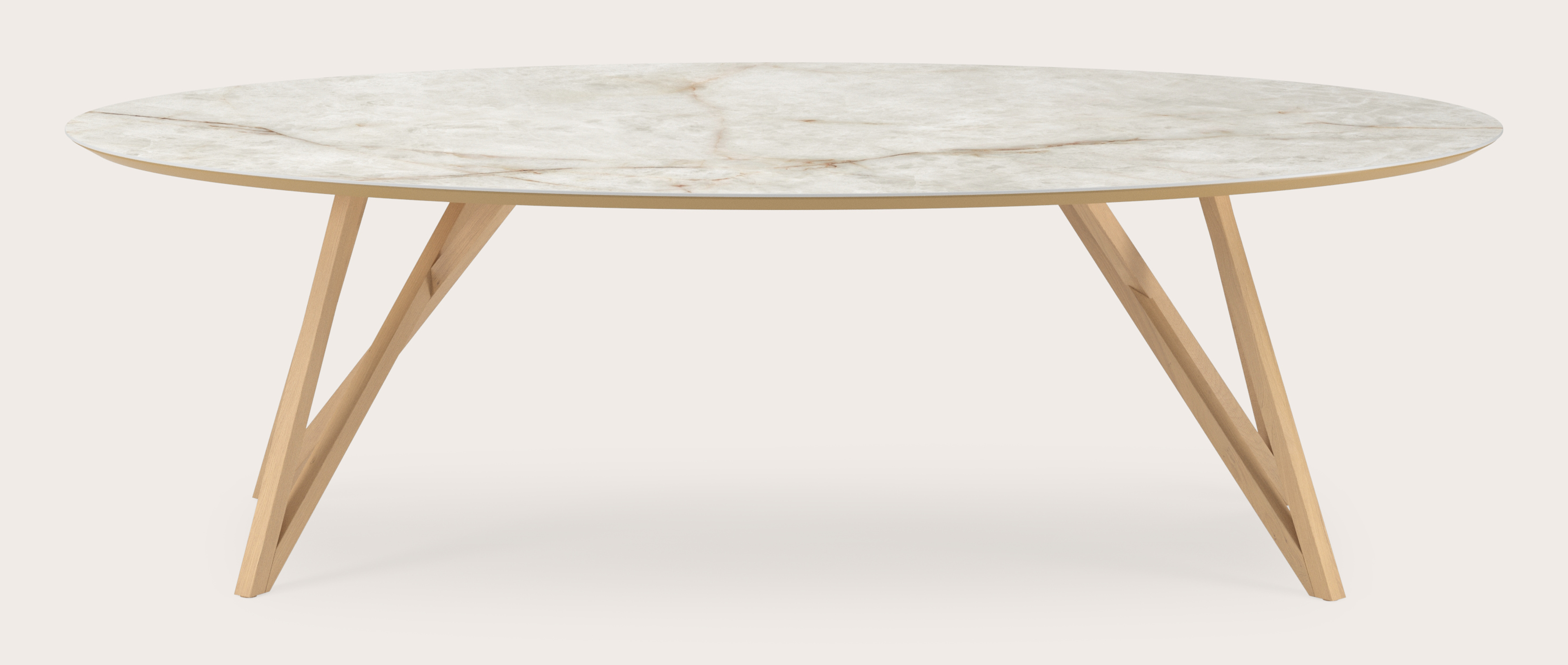 Eettafel Ragno onderstel in natuurkleurige eik met ovaal volkeramisch Ceramo blad in kleur Himalaya 260 x 130 x 77 cm