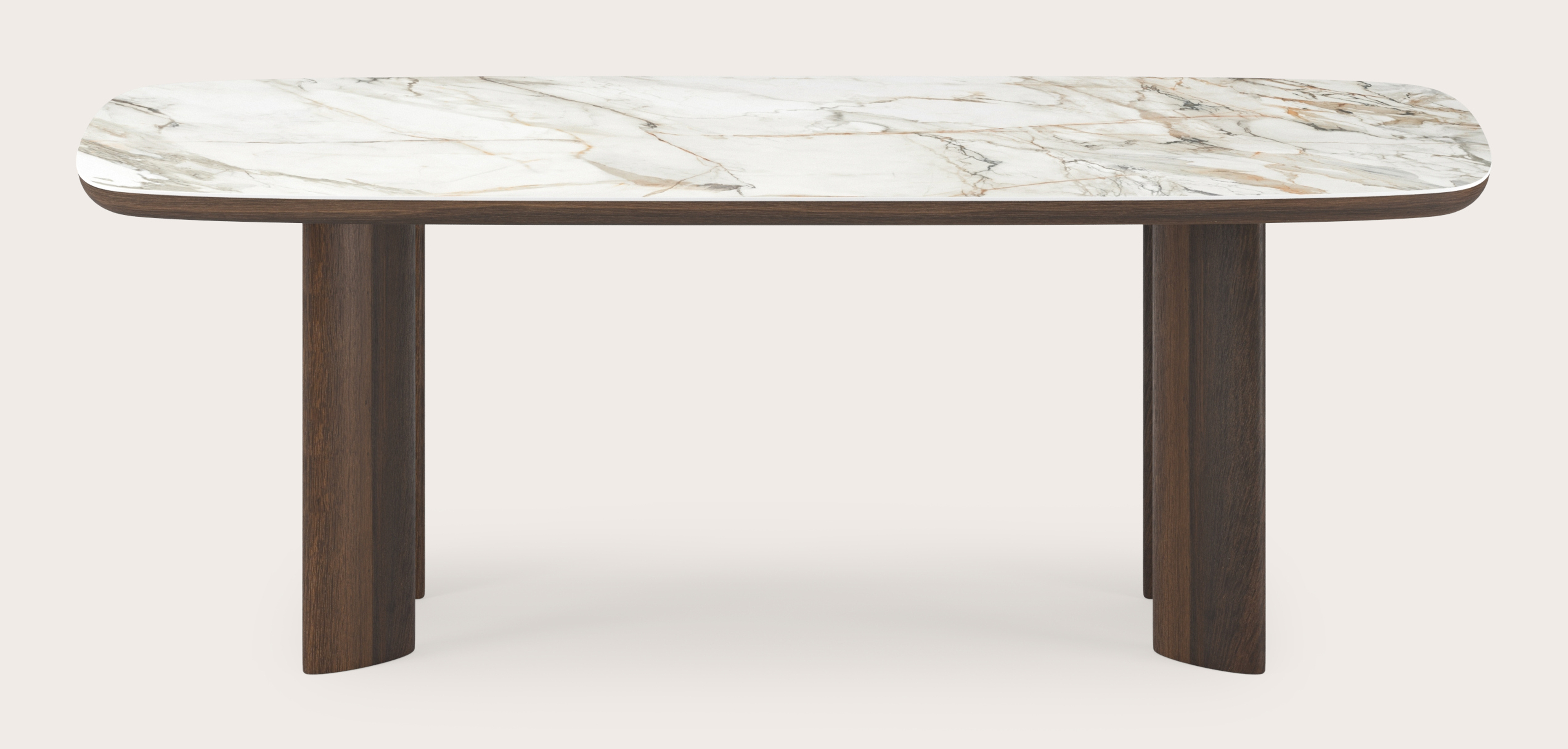 Table de salle à manger Amato Ellipso armature en chêne fumé avec plateau Ceramo forme arrondie en céramique en couleur Calacatta Luxe 220 x 105 x 76 cm