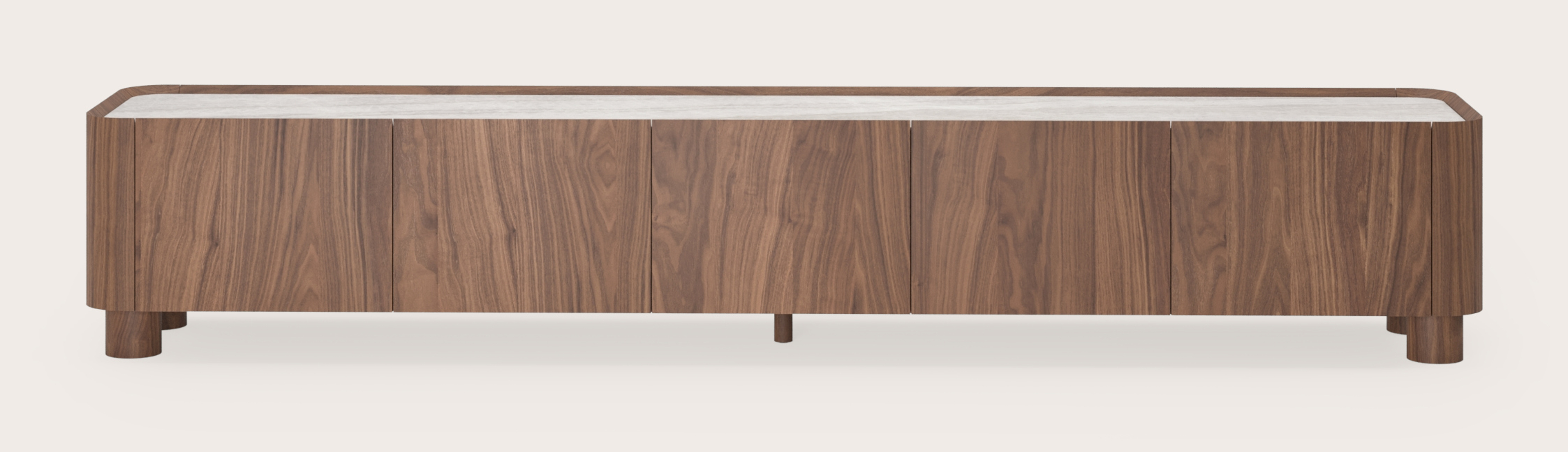 Meuble tv Curvato en noyer avec pieds ronds en bois avec plateau Ceramo en céramique en couleur Taj Mahal 249 x 45 x 44 cm