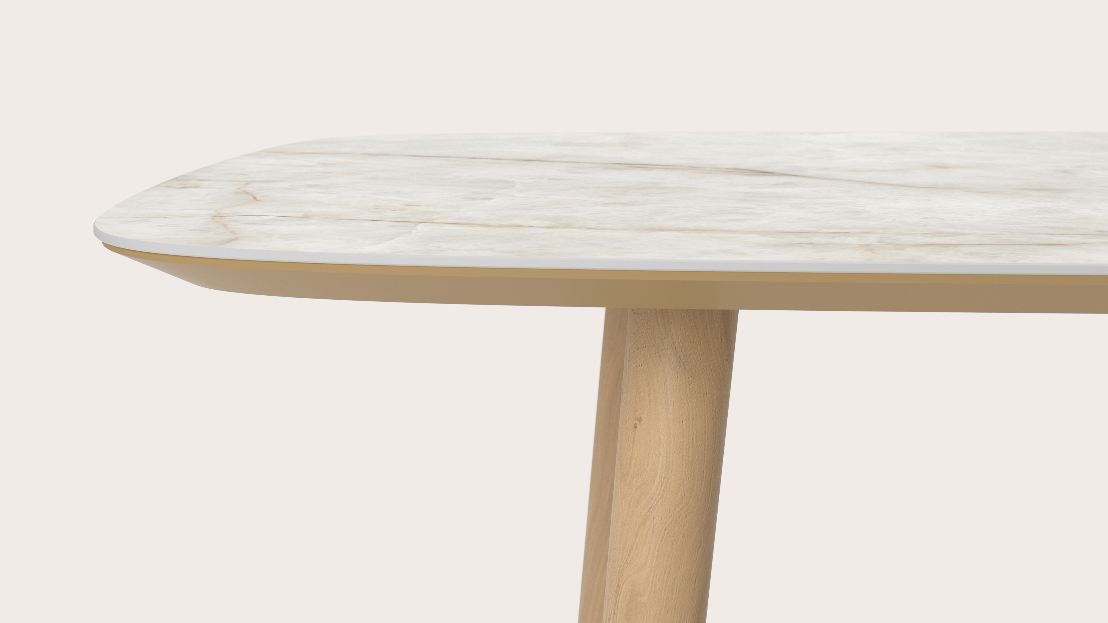 Table de salle à manger Conico armature en chêne couleur naturelle avec plateau Ceramo forme arrondi en céramique en couleur Himalaya 300 x 115 x 77 cm