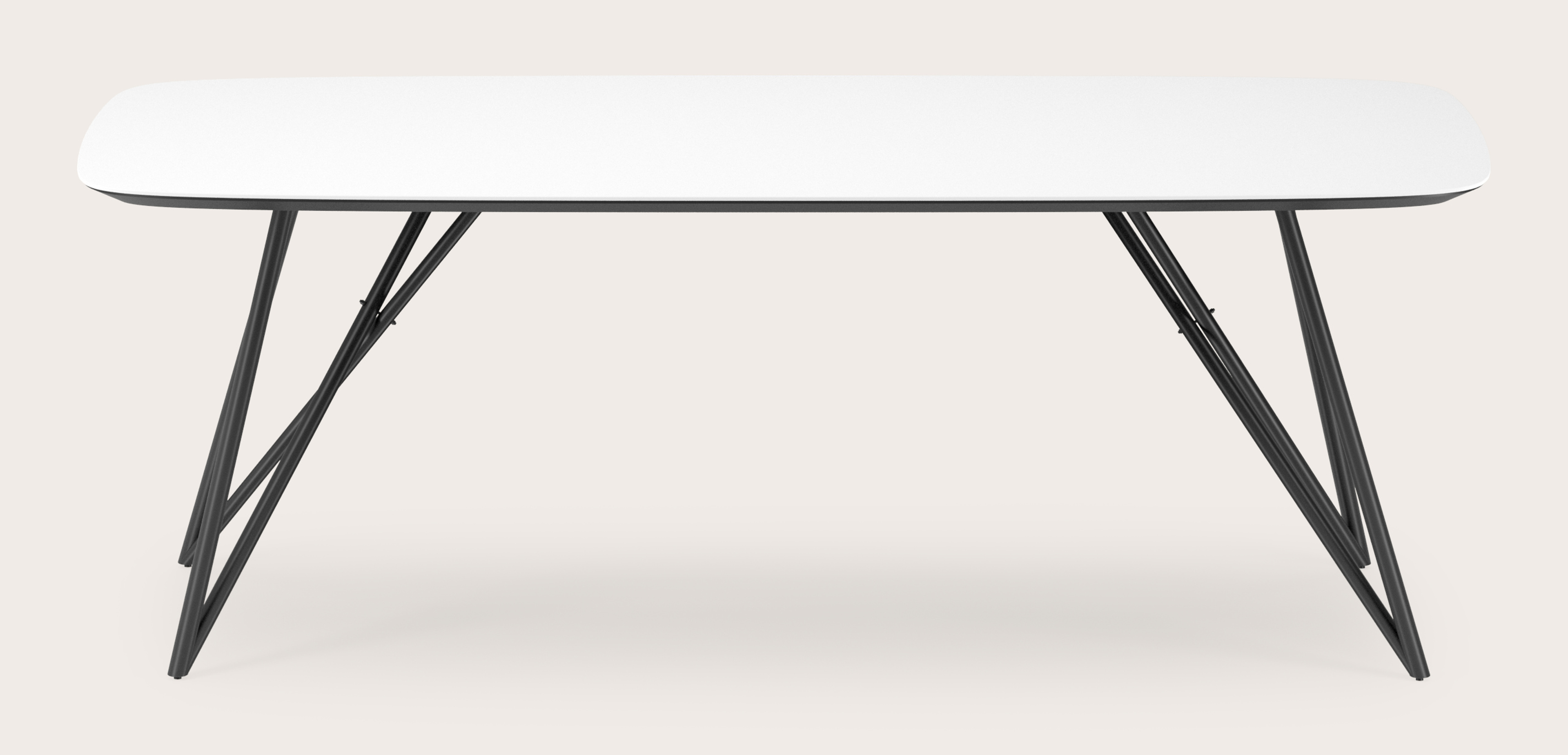 Eettafel Ragno onderstel in zwart metaal met bootvormig volkeramisch Ceramo blad in kleur Arctic White 220 x 105 x 77 cm