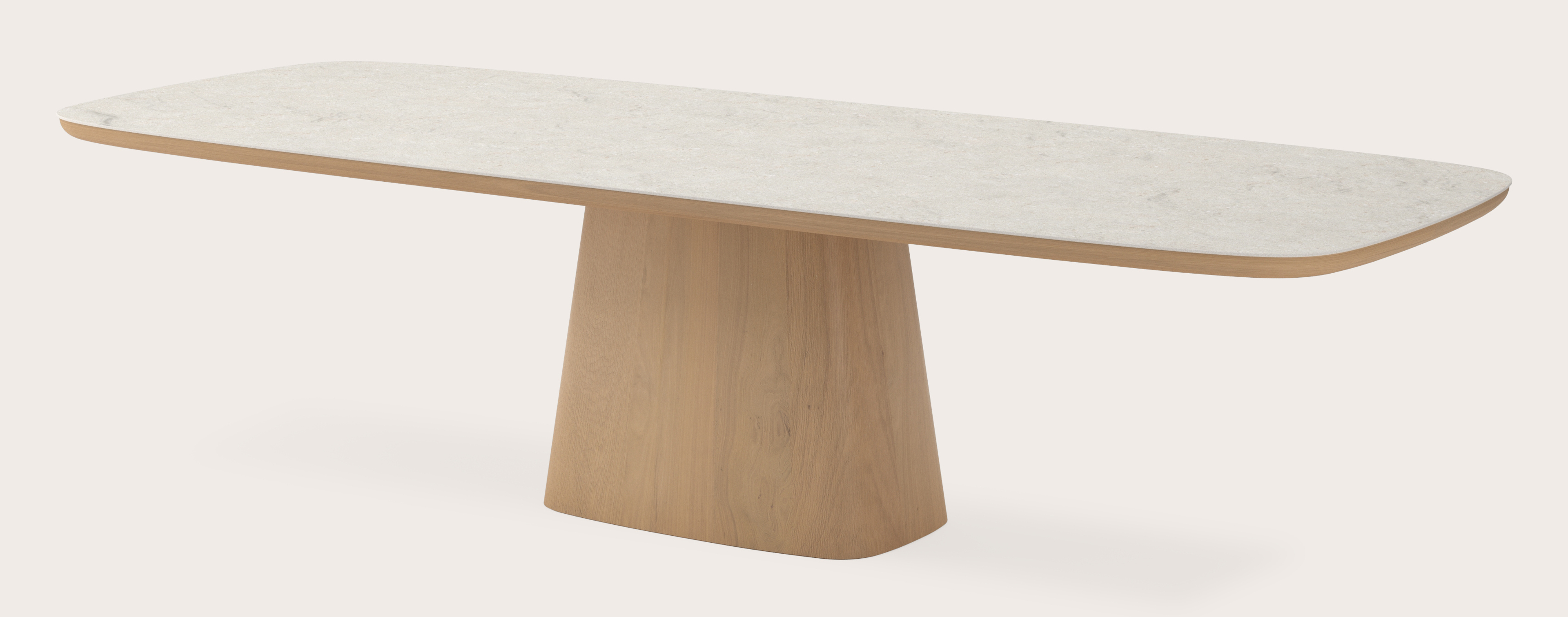 Eettafel Amato Cuadro onderstel in chêne couleur naturelle avec plateau Ceramo forme arrondie en céramique en couleur Shilin 300 x 115 x 77 cm
