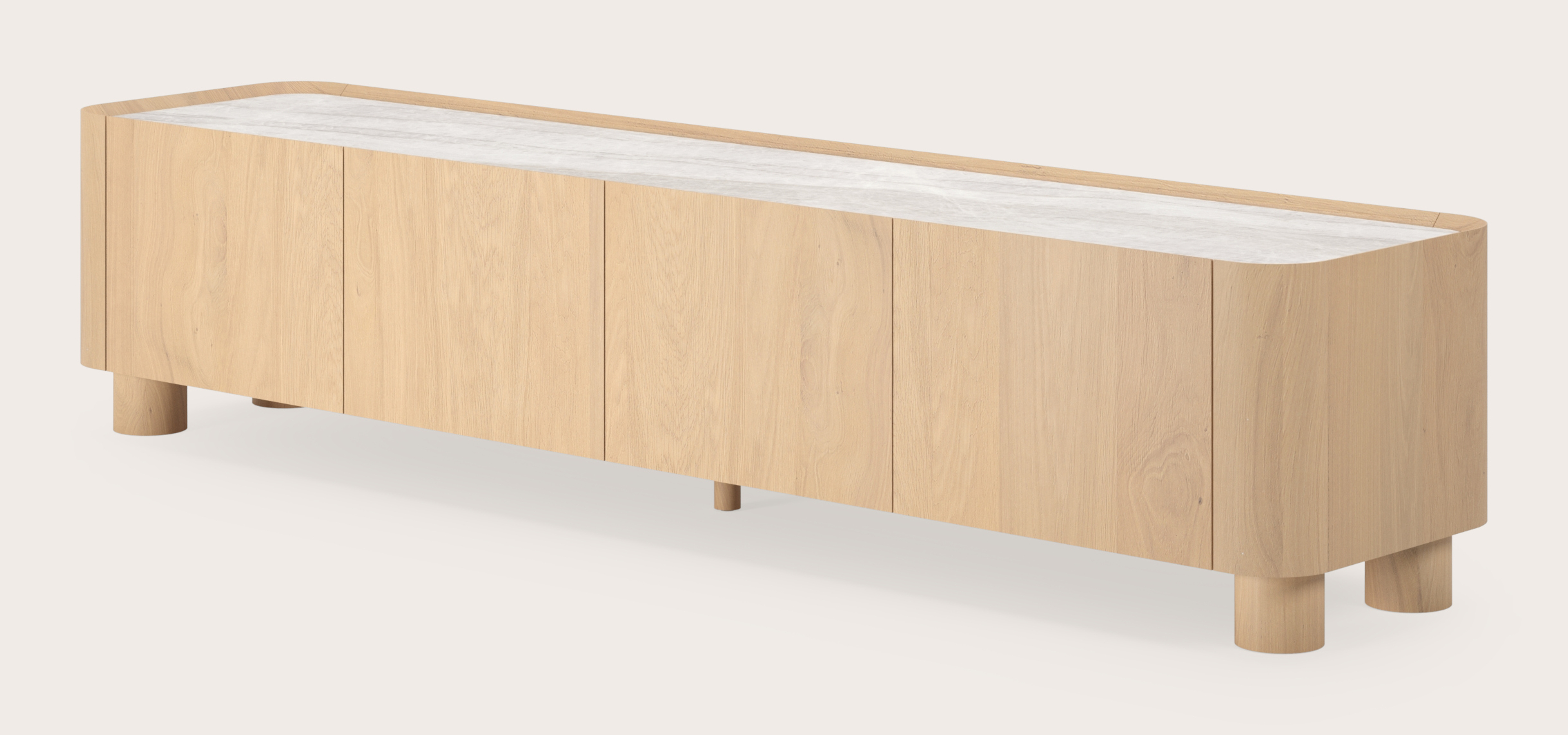 Meuble tv Curvato en chêne couleur naturelle avec pieds ronds en bois avec plateau Ceramo en céramique en couleur Taj Mahal 203 x 45 x 44 cm