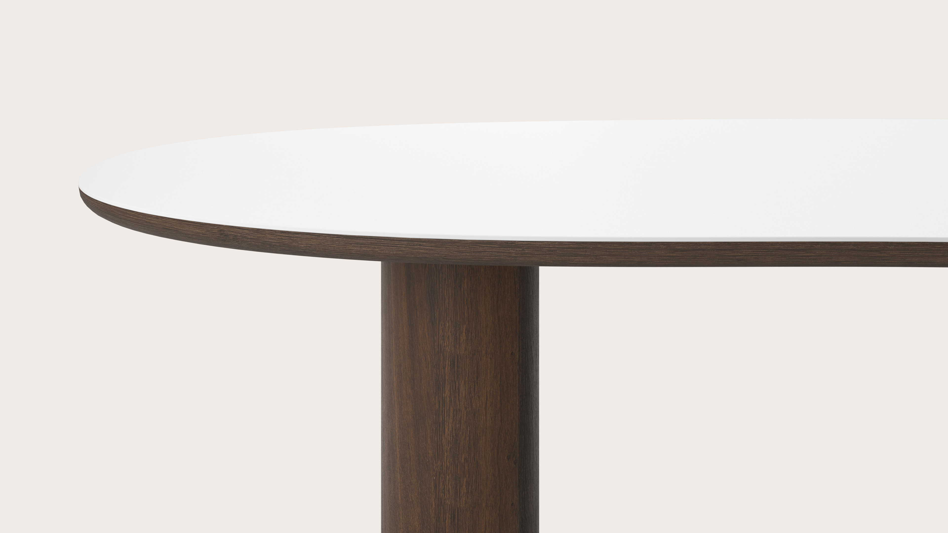 Eettafel Amato Rondo onderstel in gerookte eik met Blobvormig volkeramisch Ceramo blad in kleur Arctic White 300 x 122 x 77 cm
