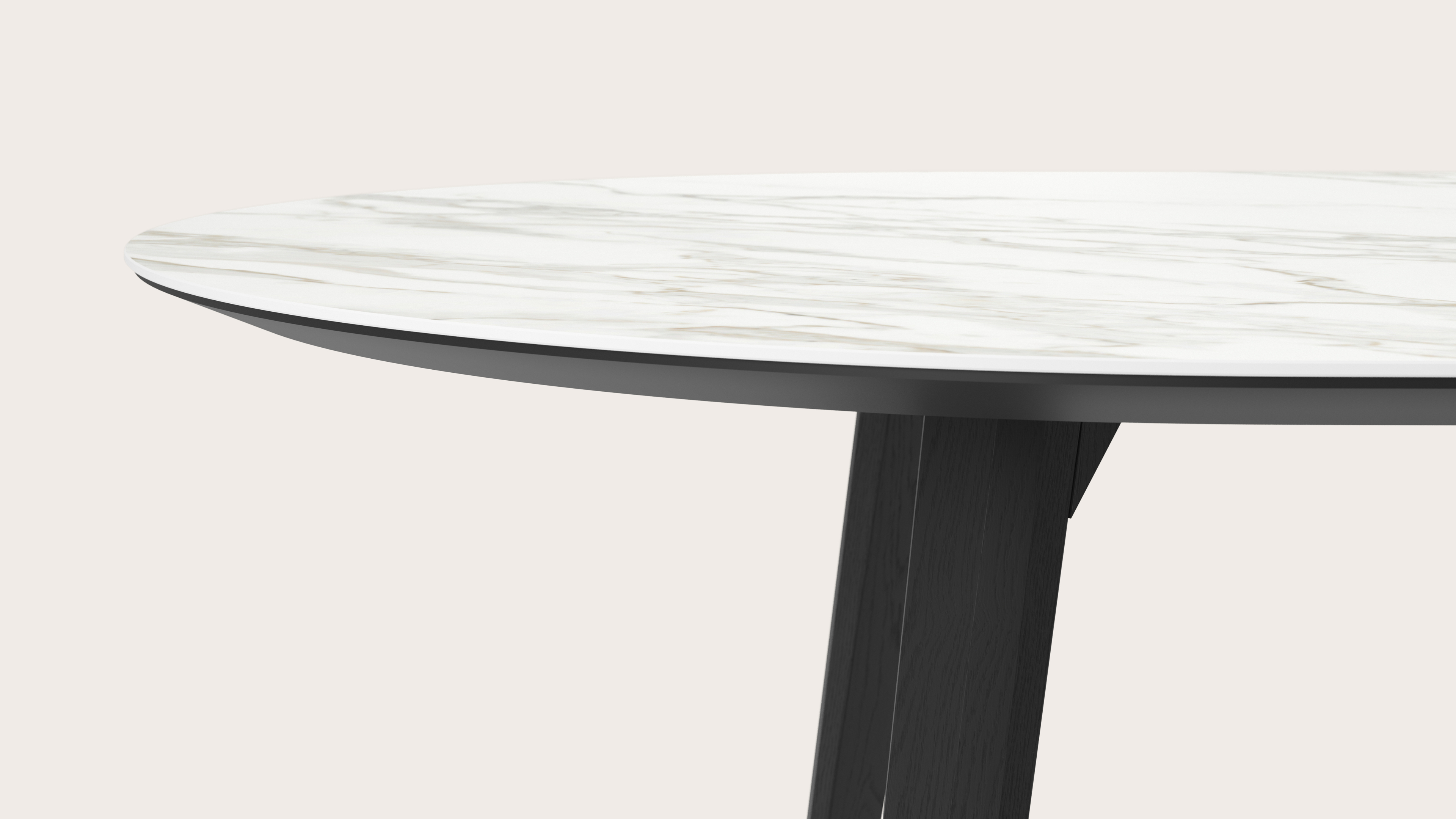 Eettafel Clino onderstel in zwarte eik met plat ovaal volkeramisch Ceramo blad in kleur Calacatta 300 x 120 x 77 cm