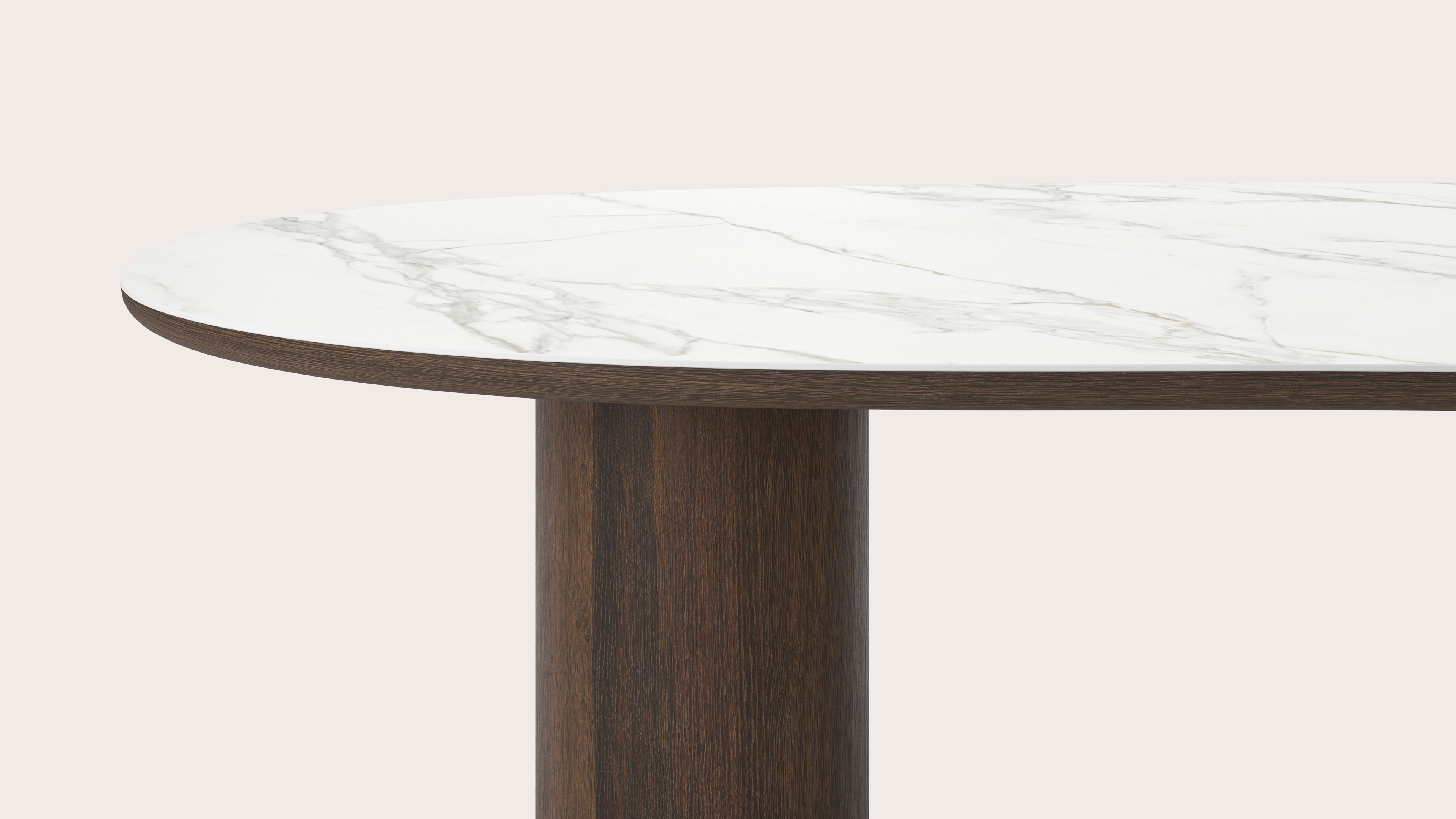 Table de salle à manger Amato Rondo armature en chêne fumé avec plateau Ceramo forme blob en céramique en couleur Calacatta 300 x 122 x 77 cm