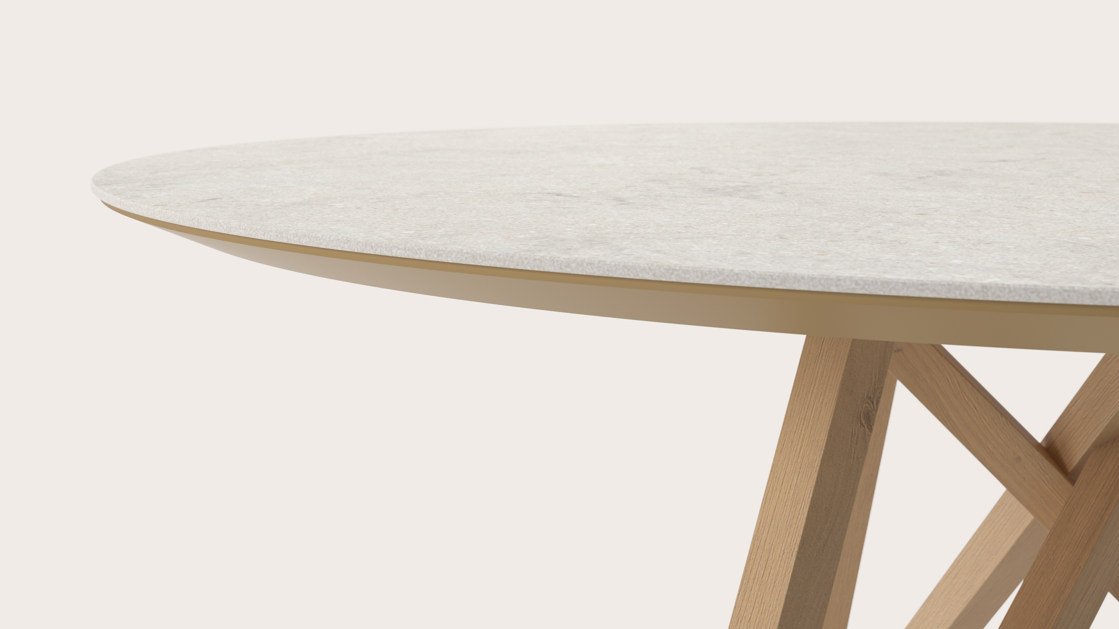 Eettafel Ragno onderstel in natuurkleurige eik met rond volkeramisch Ceramo blad in kleur Shilin Ø140 x 77 cm