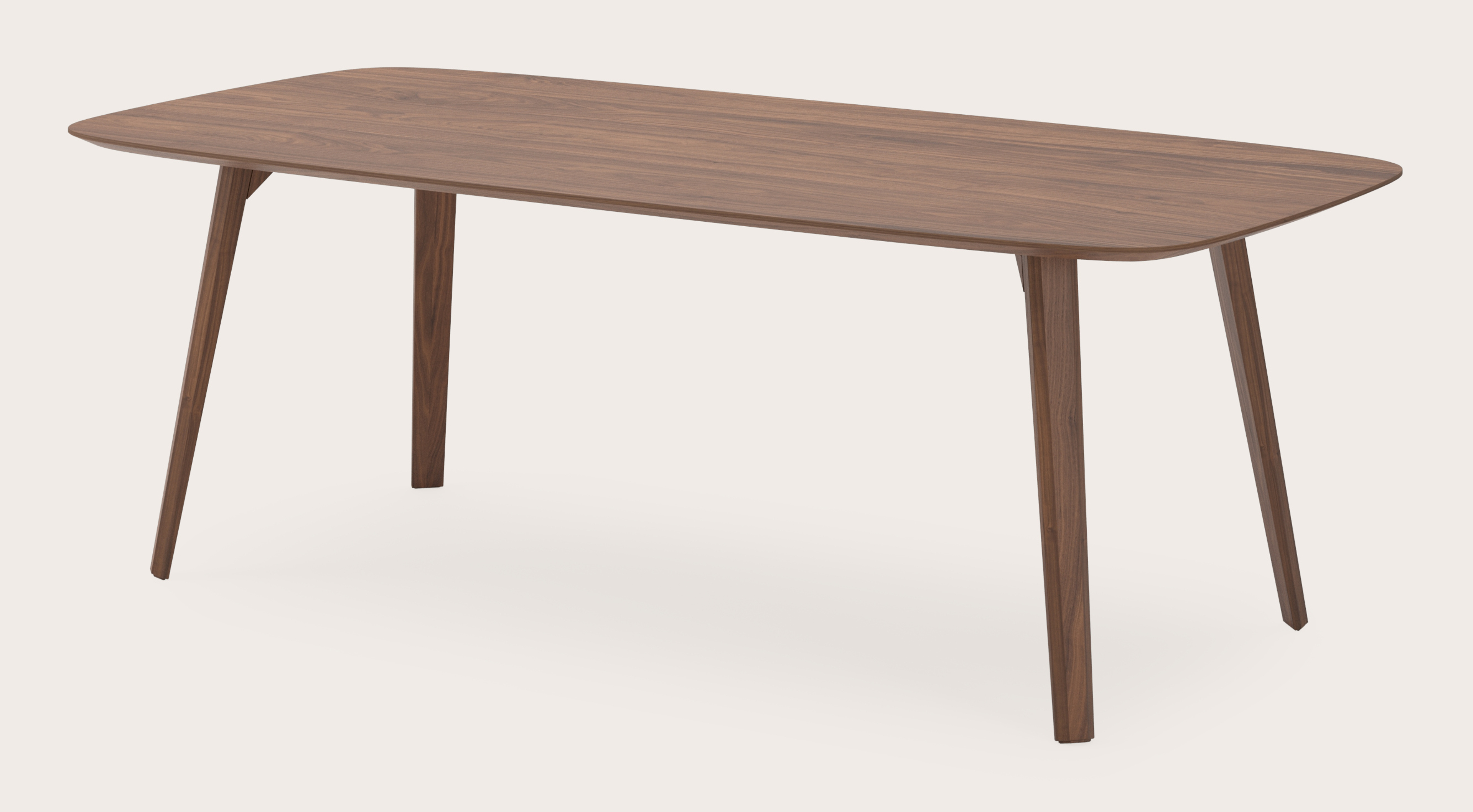 Eettafel Clino onderstel in walnoot met bootvormig Finesso blad in walnoot 220 x 105 x 76 cm