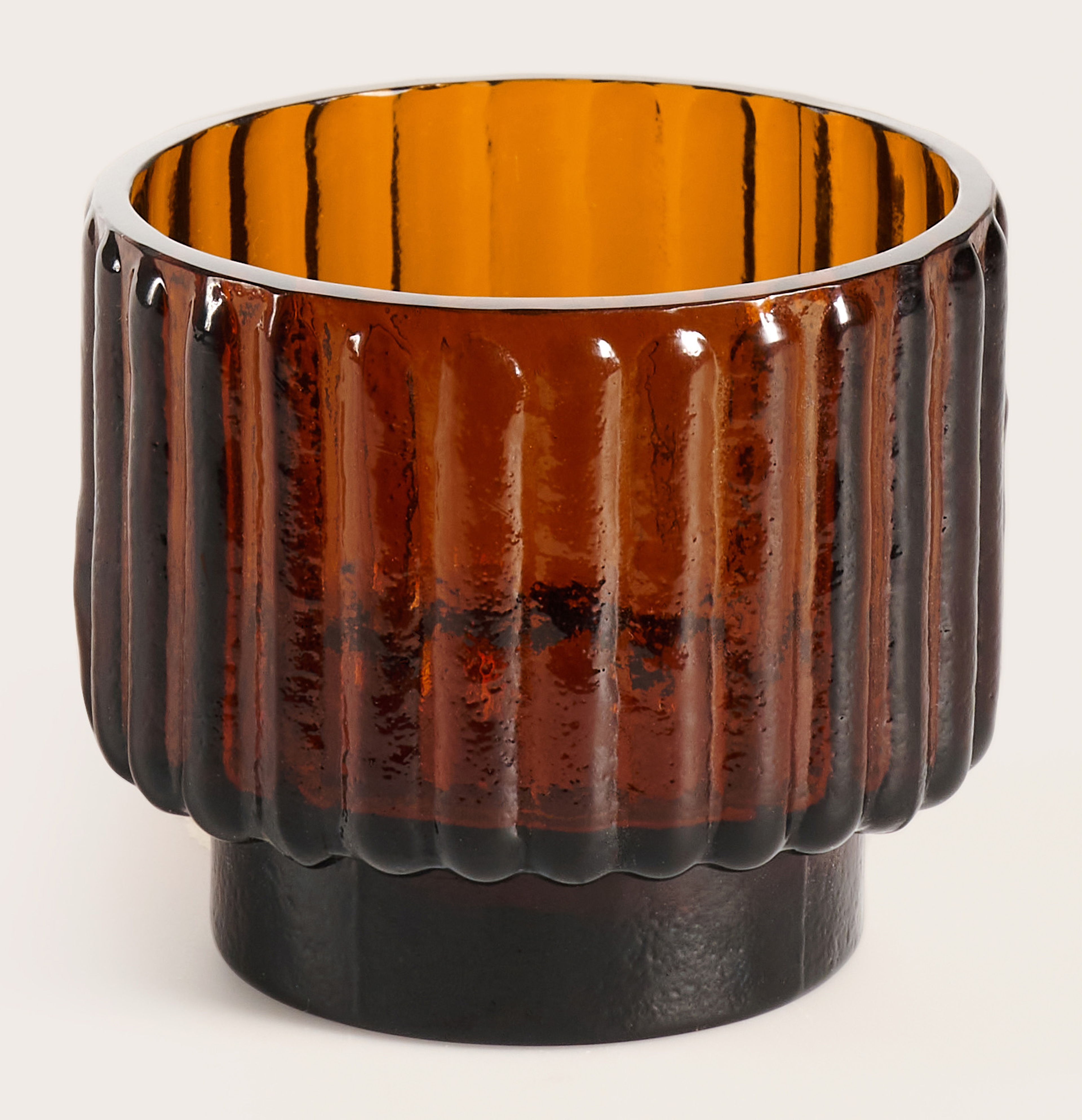 Tribeca theelicht geribbeld glas Brown Ø9xH8cm
