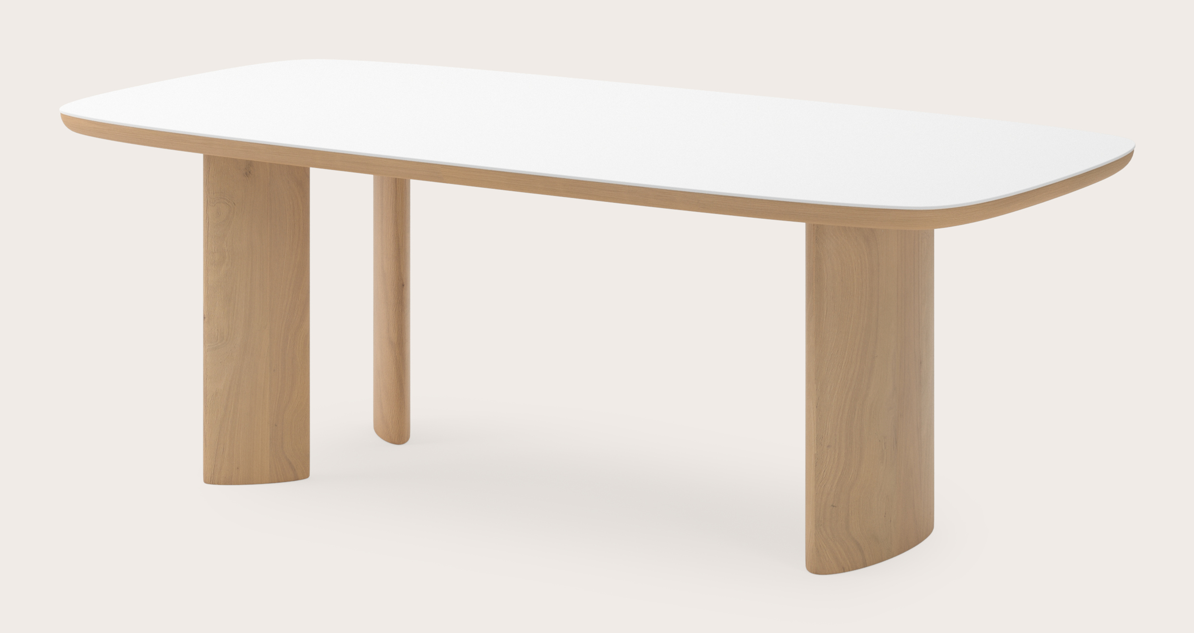 Eettafel Amato Ellipso onderstel in natuurkleurige eik met bootvormig volkeramisch Ceramo blad in kleur Arctic White 220 x 105 x 76 cm