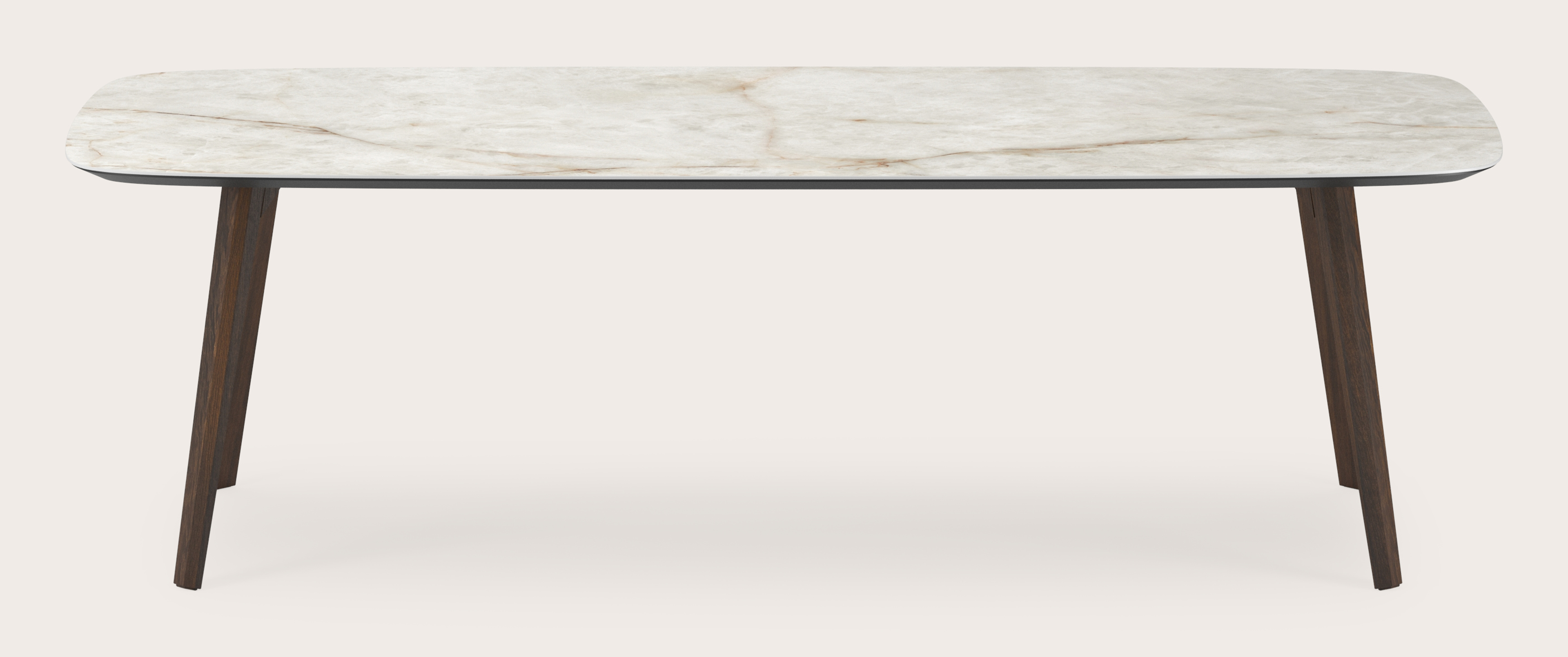 Eettafel Clino onderstel in gerookte eik met bootvormig volkeramisch Ceramo blad in kleur Himalaya 260 x 110 x 77 cm