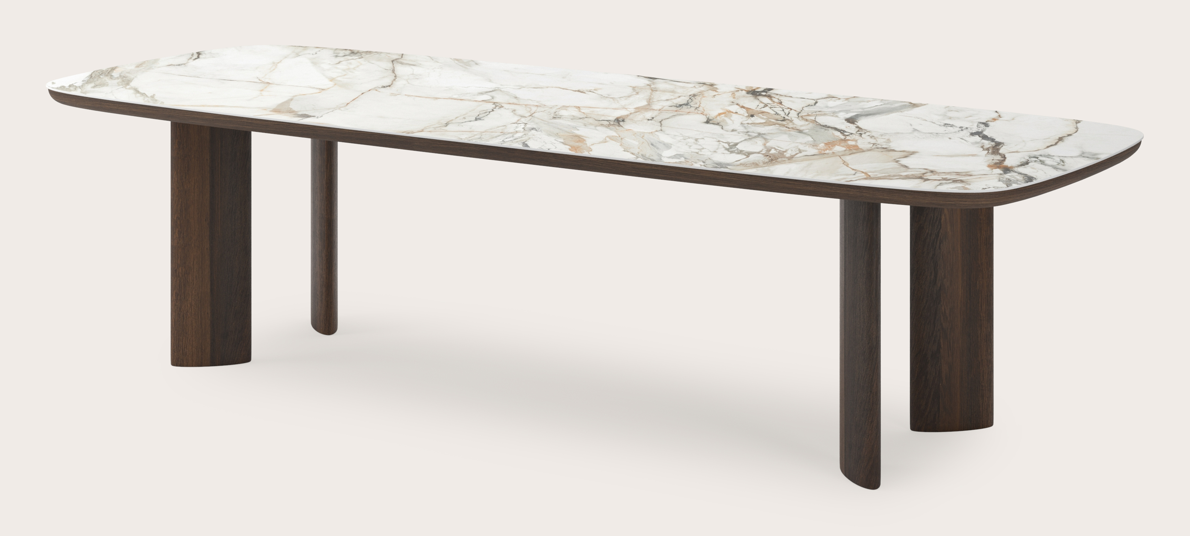 Table de salle à manger Amato Ellipso armature en chêne fumé avec plateau Ceramo forme arrondie en céramique en couleur Calacatta Luxe 300 x 115 x 76 cm