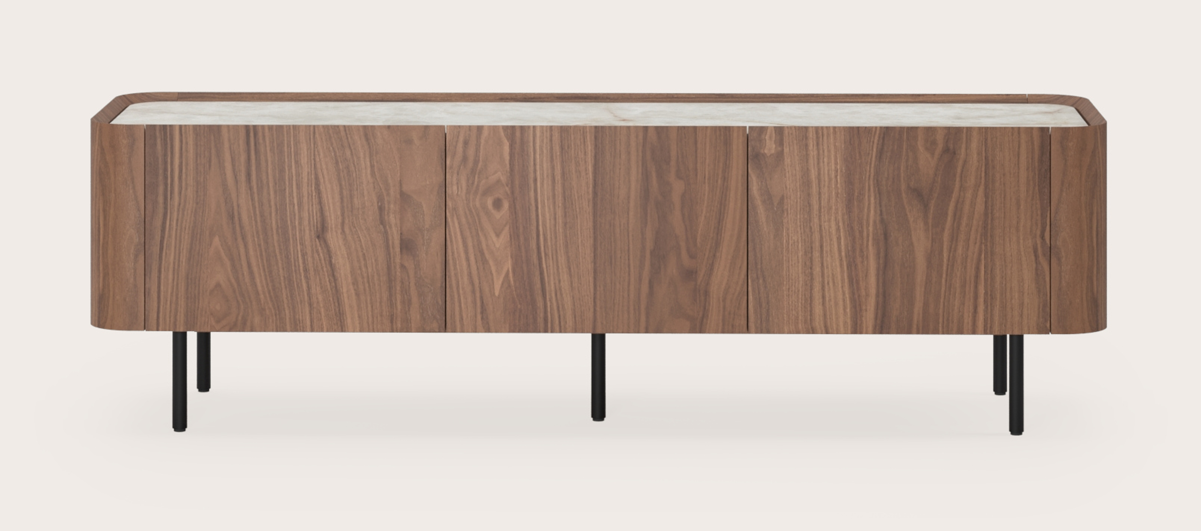Meuble tv Curvato en noyer avec pieds ronds en métal avec plateau Ceramo en céramique en couleur Himalaya 169 x 45 x 52 cm